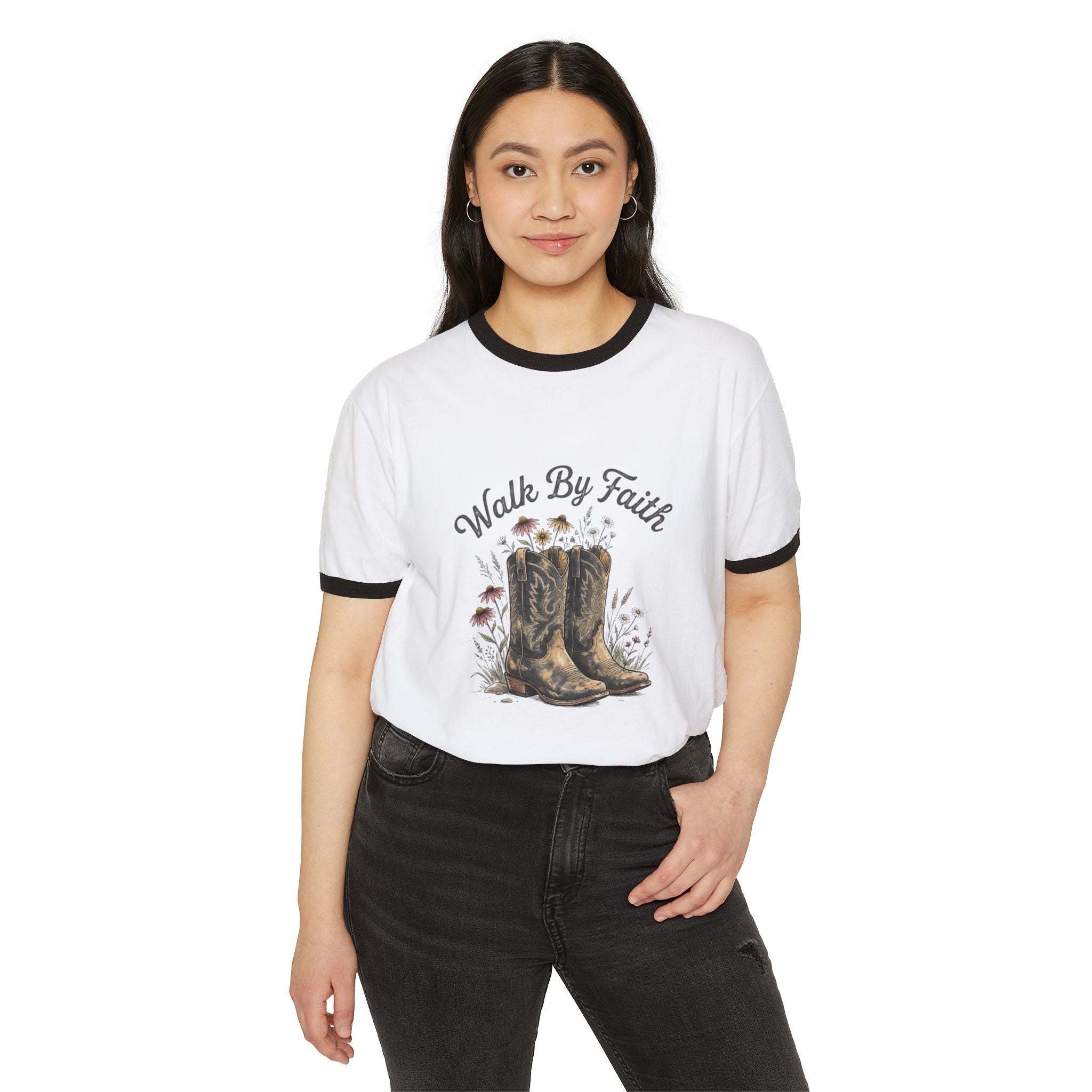 Walk By Faith Cowboy Boots Ringer T-Shirt