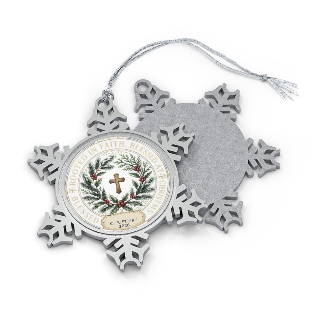 Pewter Snowflake Ornament — Religious Cross Wreath Christmas Decoration