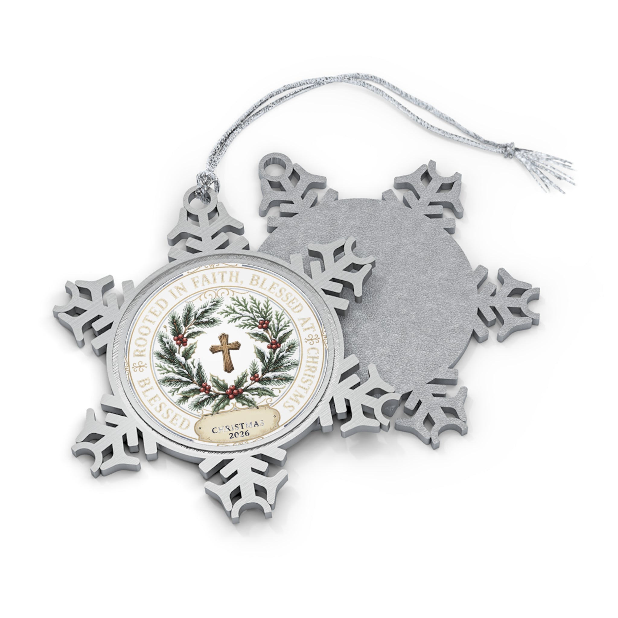 Pewter Snowflake Ornament — Religious Cross Wreath Christmas Decoration