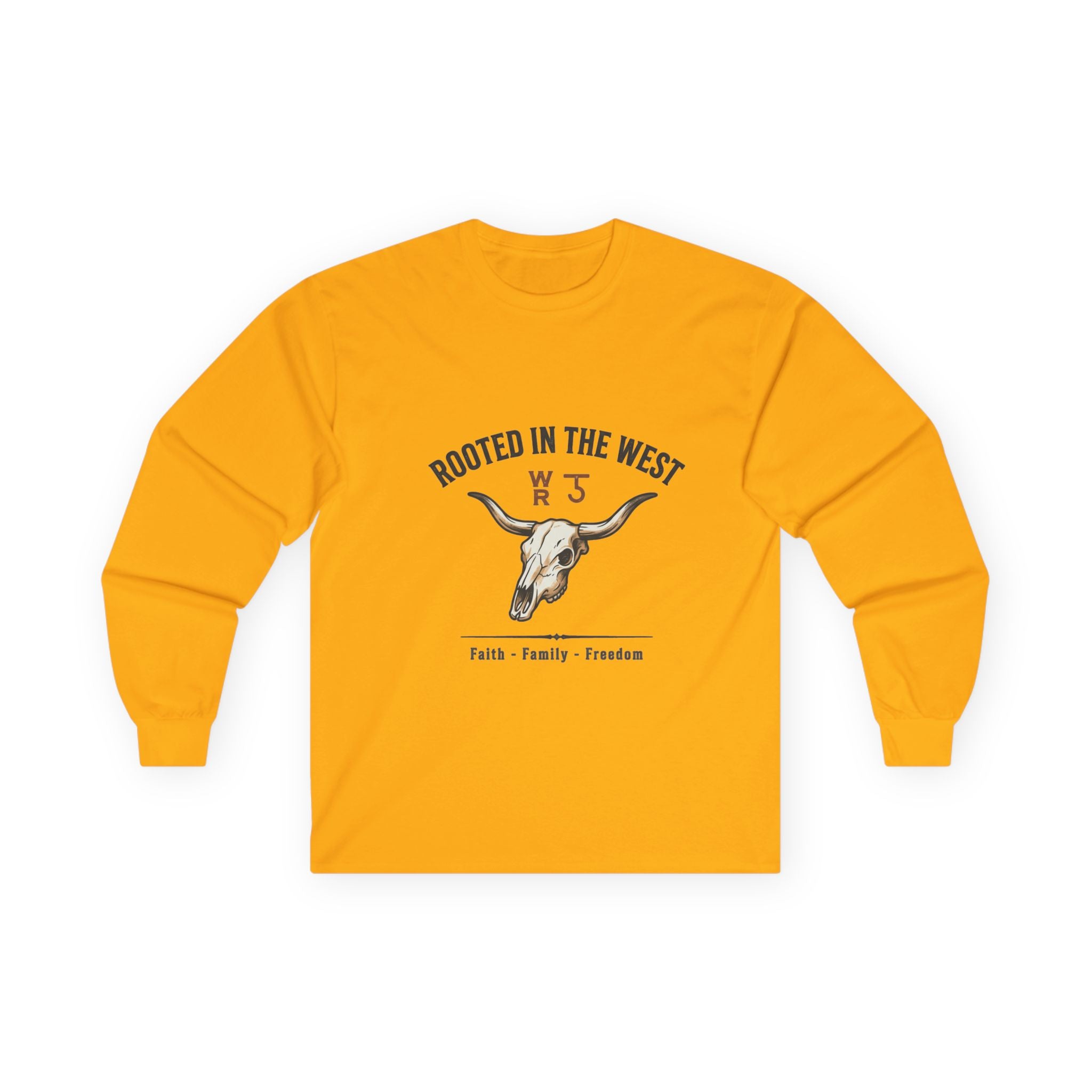 Rooted in the West Long Sleeve Tee — Vintage Steer Skull, Faith • Family • Freedom