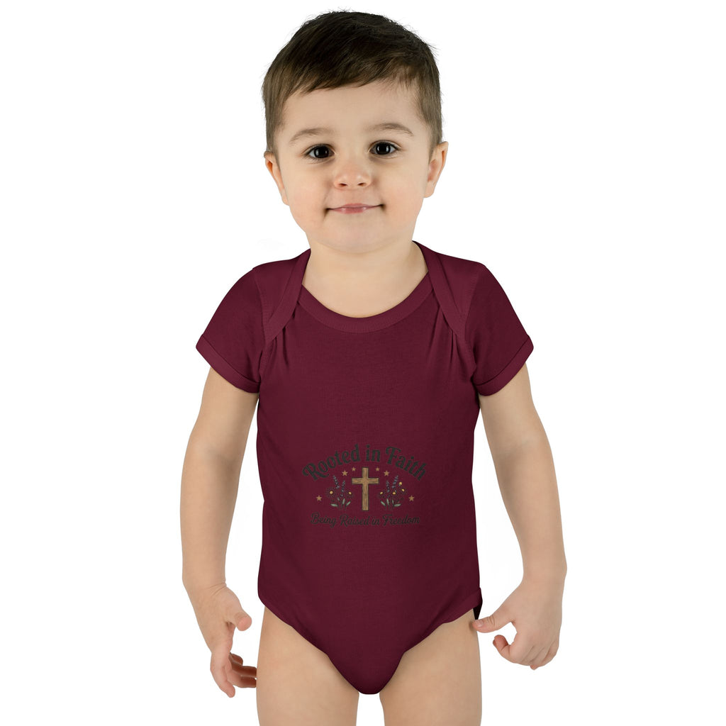Infant Bodysuit - "Rooted in Faith" Cross Baby Onesie (Religious Newborn Gift)