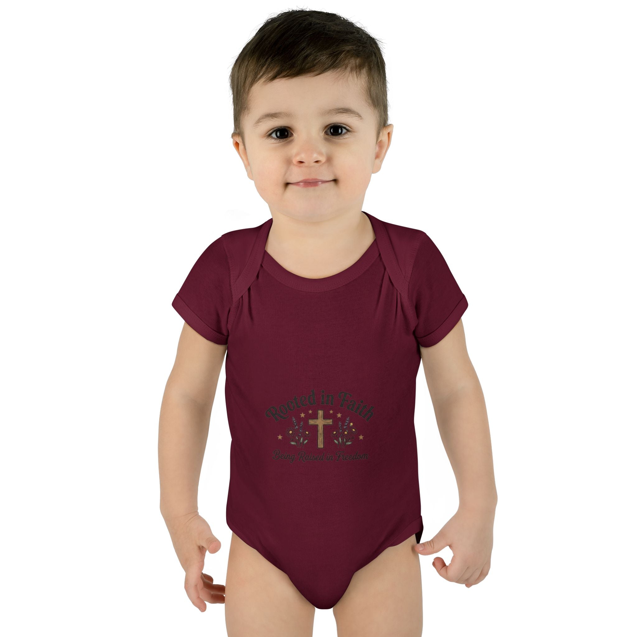 Infant Bodysuit - "Rooted in Faith" Cross Baby Onesie (Religious Newborn Gift)