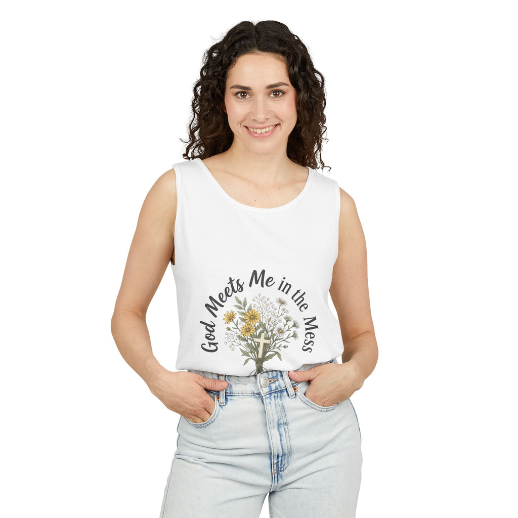 Faith Floral Tank — “God Meets Me in the Mess” Bible Verse Tank Top
