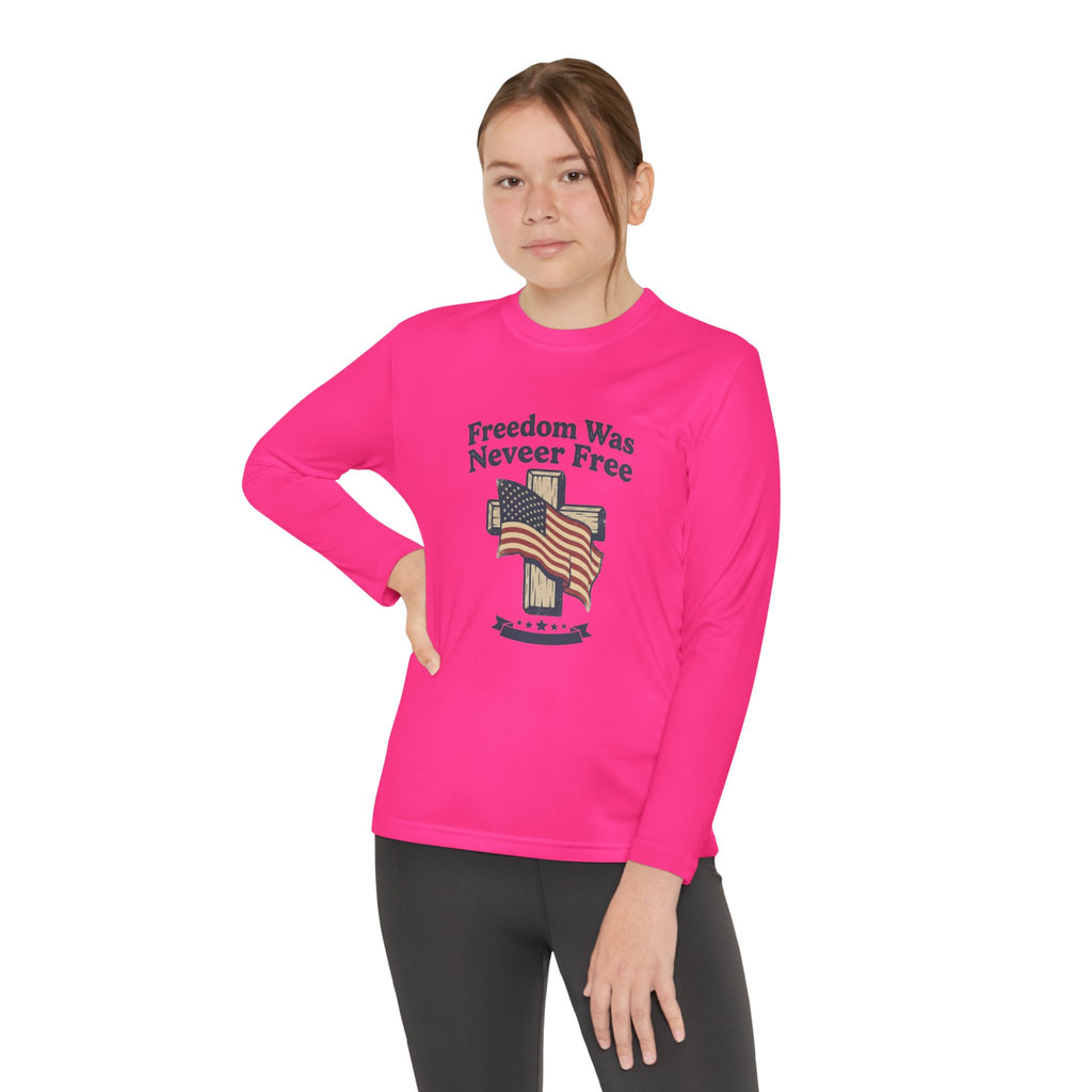Youth Long Sleeve Tee — "Freedom Was Never Free" Patriotic Flag Design