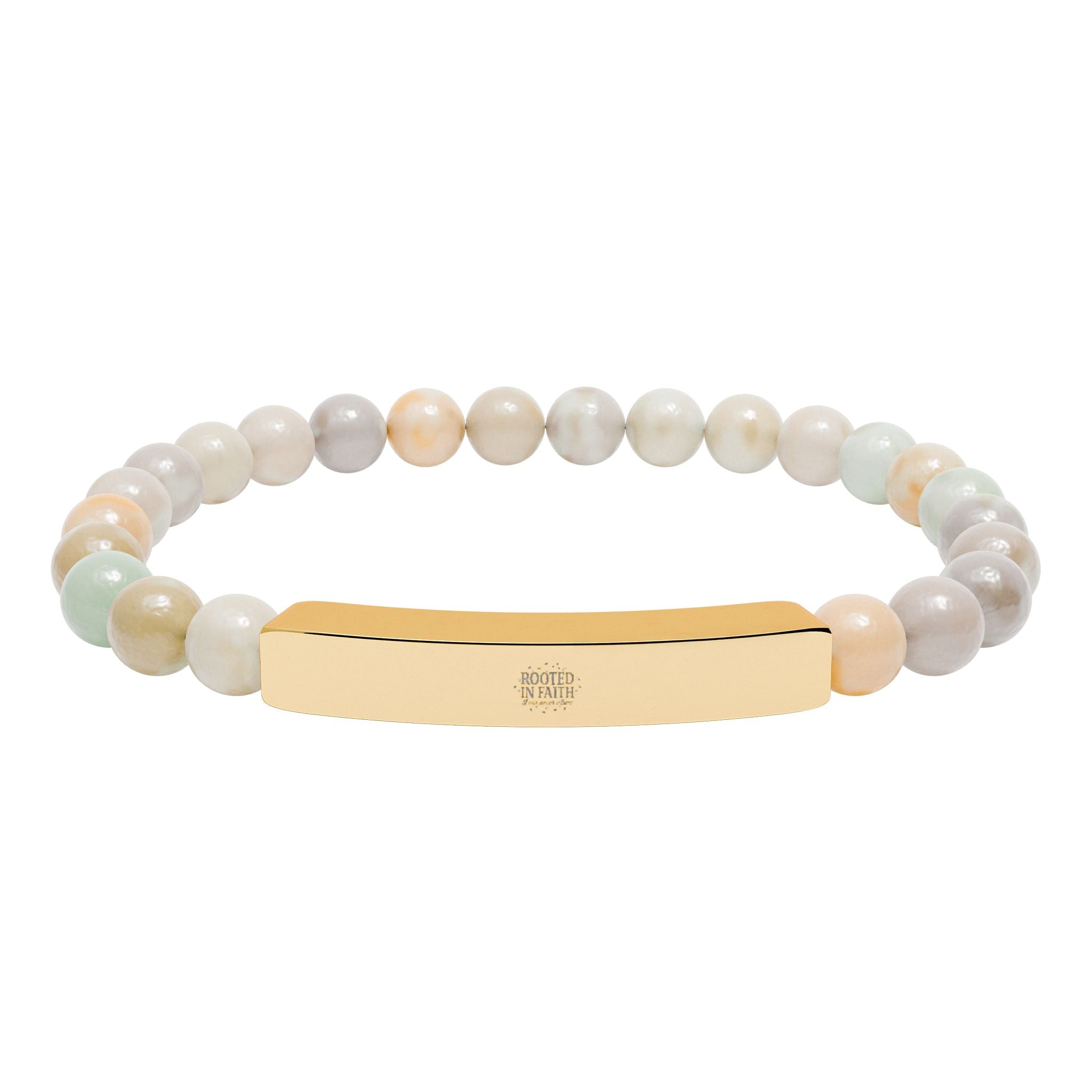 Engravable Natural Stone Bead Bar Bracelet — Stretch Bracelet with Personalized Metal Bar