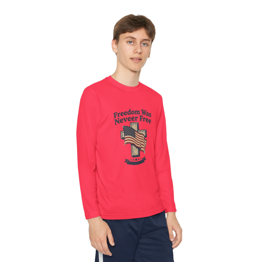 Youth Long Sleeve Tee — "Freedom Was Never Free" Patriotic Flag Design