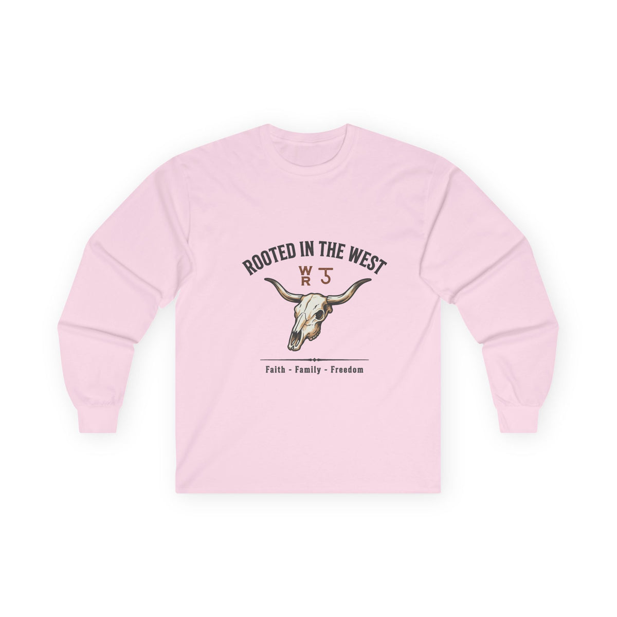 Rooted in the West Long Sleeve Tee — Vintage Steer Skull, Faith • Family • Freedom