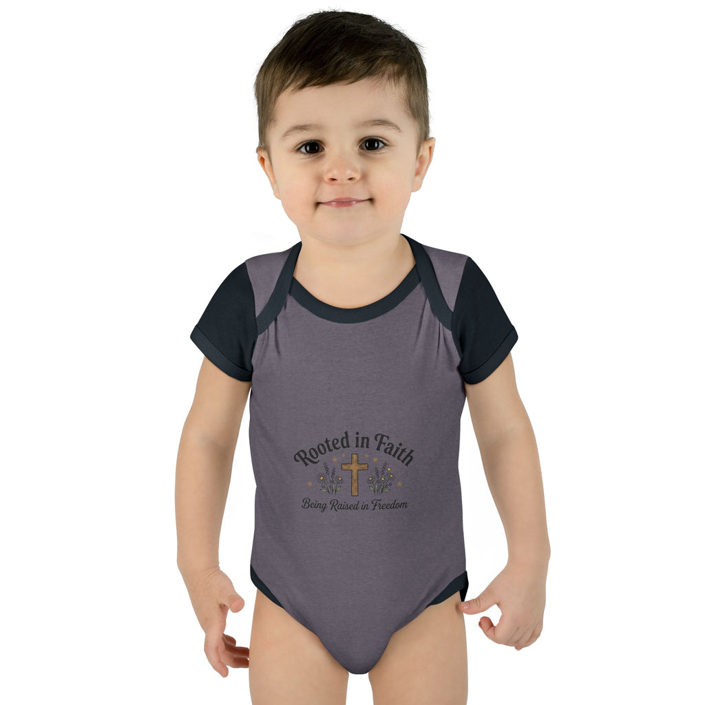 Infant Bodysuit - "Rooted in Faith" Cross Baby Onesie (Religious Newborn Gift)