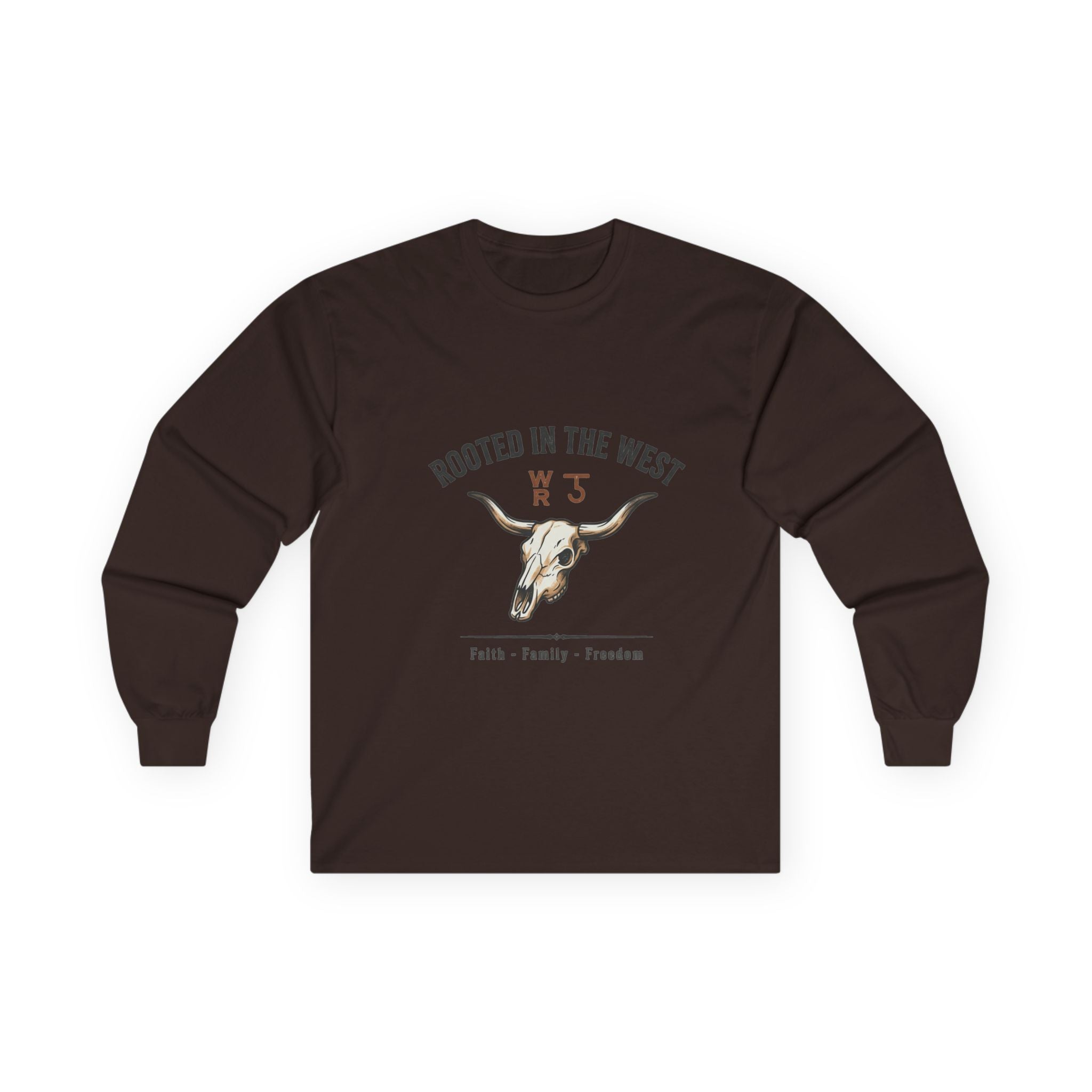 Rooted in the West Long Sleeve Tee — Vintage Steer Skull, Faith • Family • Freedom