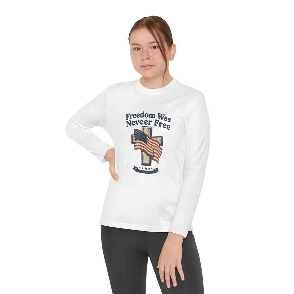 Youth Long Sleeve Tee — "Freedom Was Never Free" Patriotic Flag Design