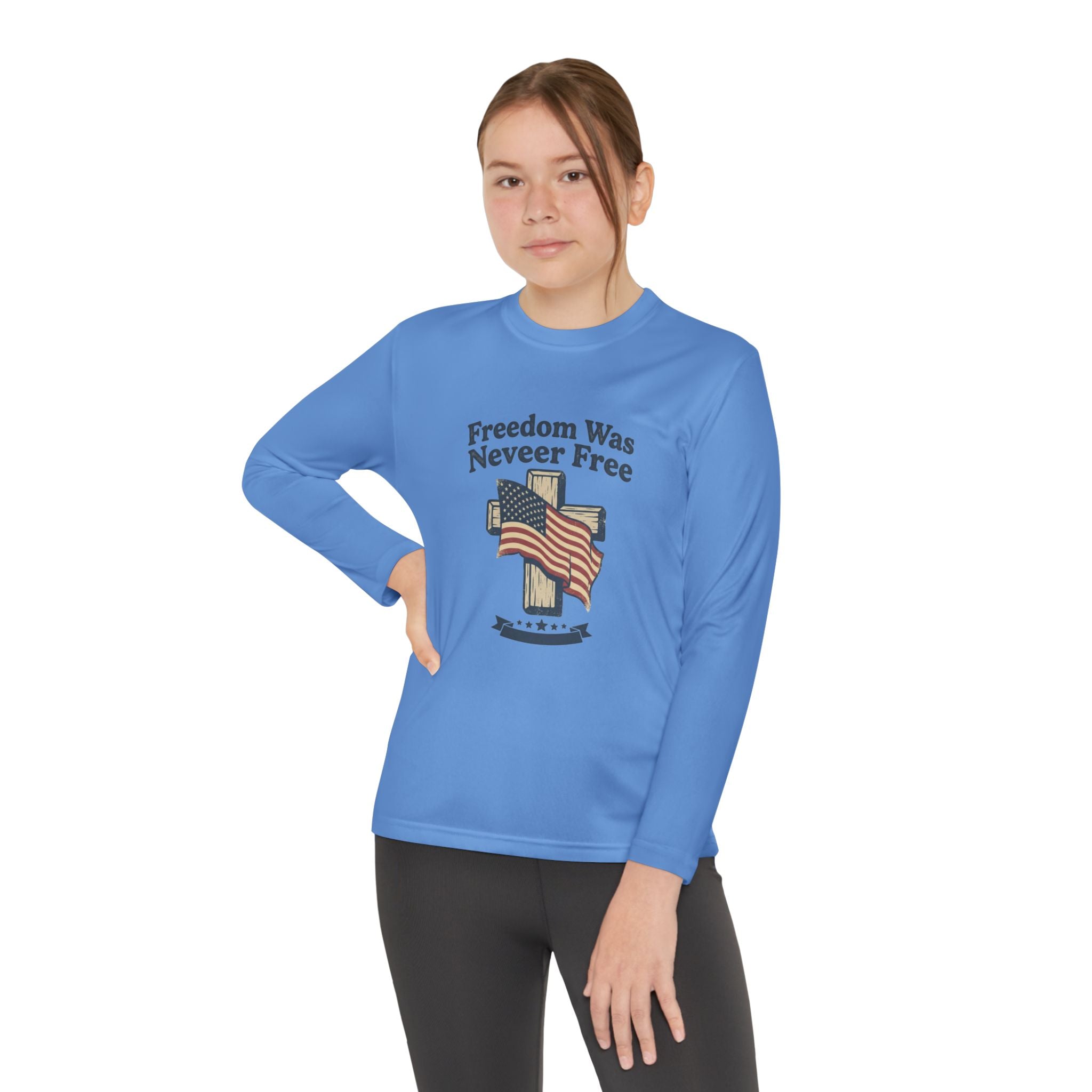 Youth Long Sleeve Tee — "Freedom Was Never Free" Patriotic Flag Design