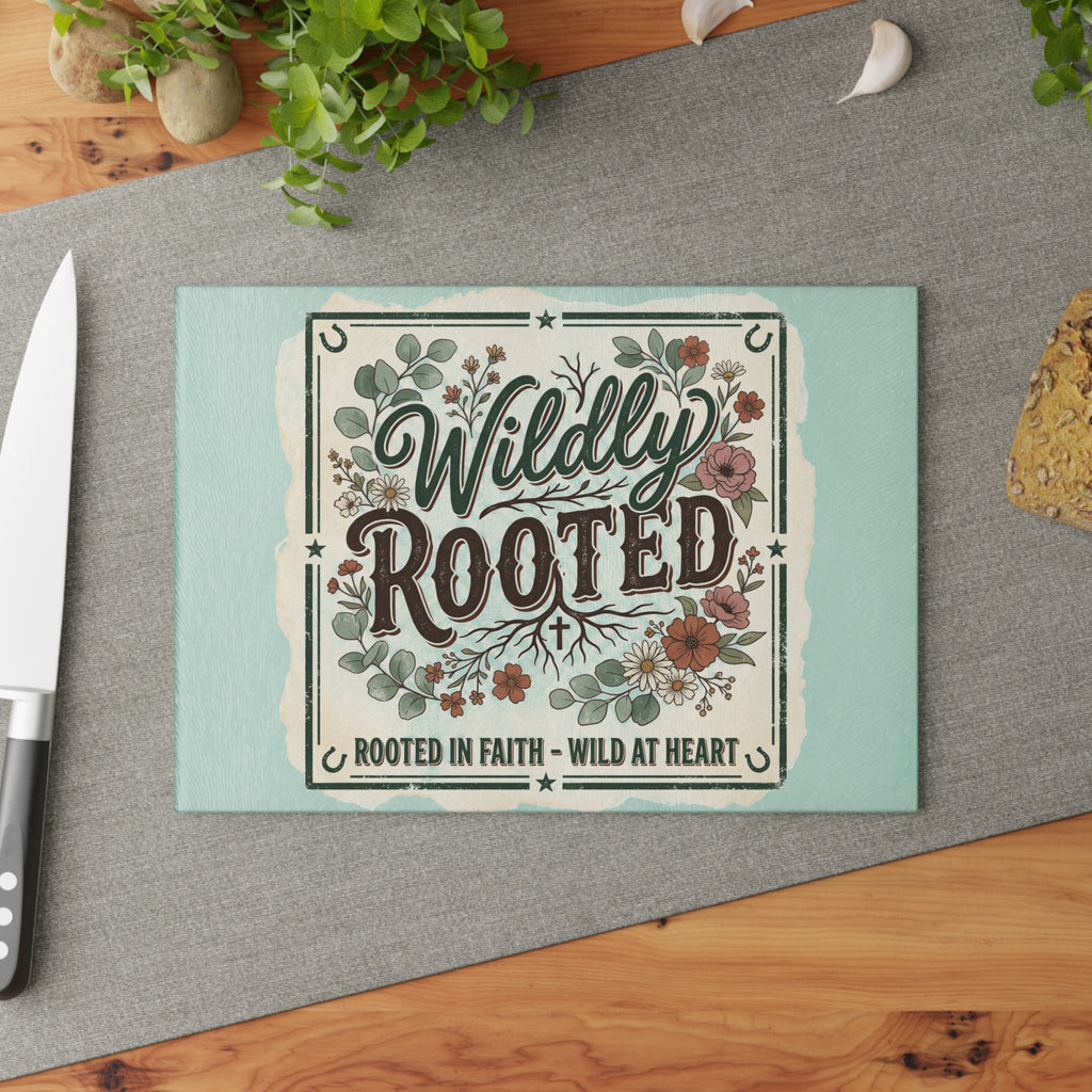 Glass Cutting Board — "Wildly Rooted" Floral Kitchen Cutting Board (Rooted in Faith, Wild at Heart)