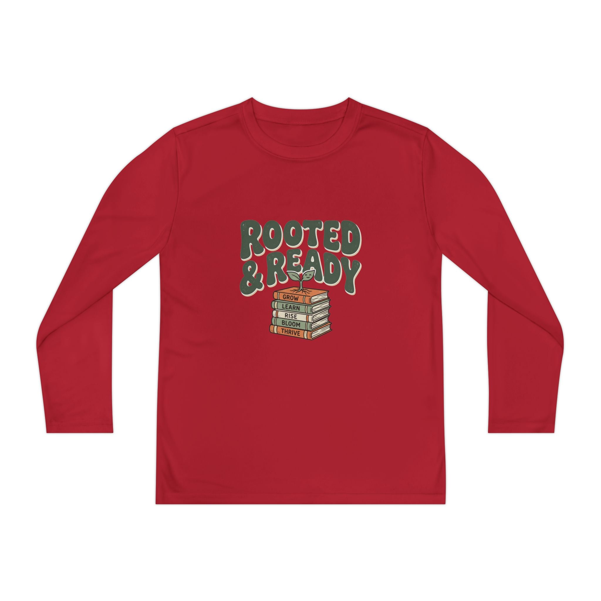 Rooted & Ready Youth Long Sleeve Tee - Stacked Books Graphic for Young Readers, Back-to-School Gift