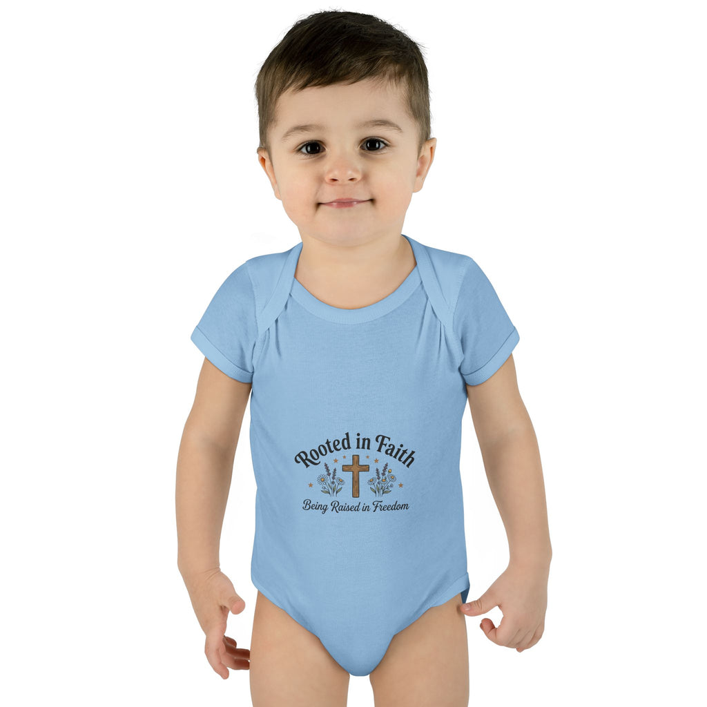 Infant Bodysuit - "Rooted in Faith" Cross Baby Onesie (Religious Newborn Gift)