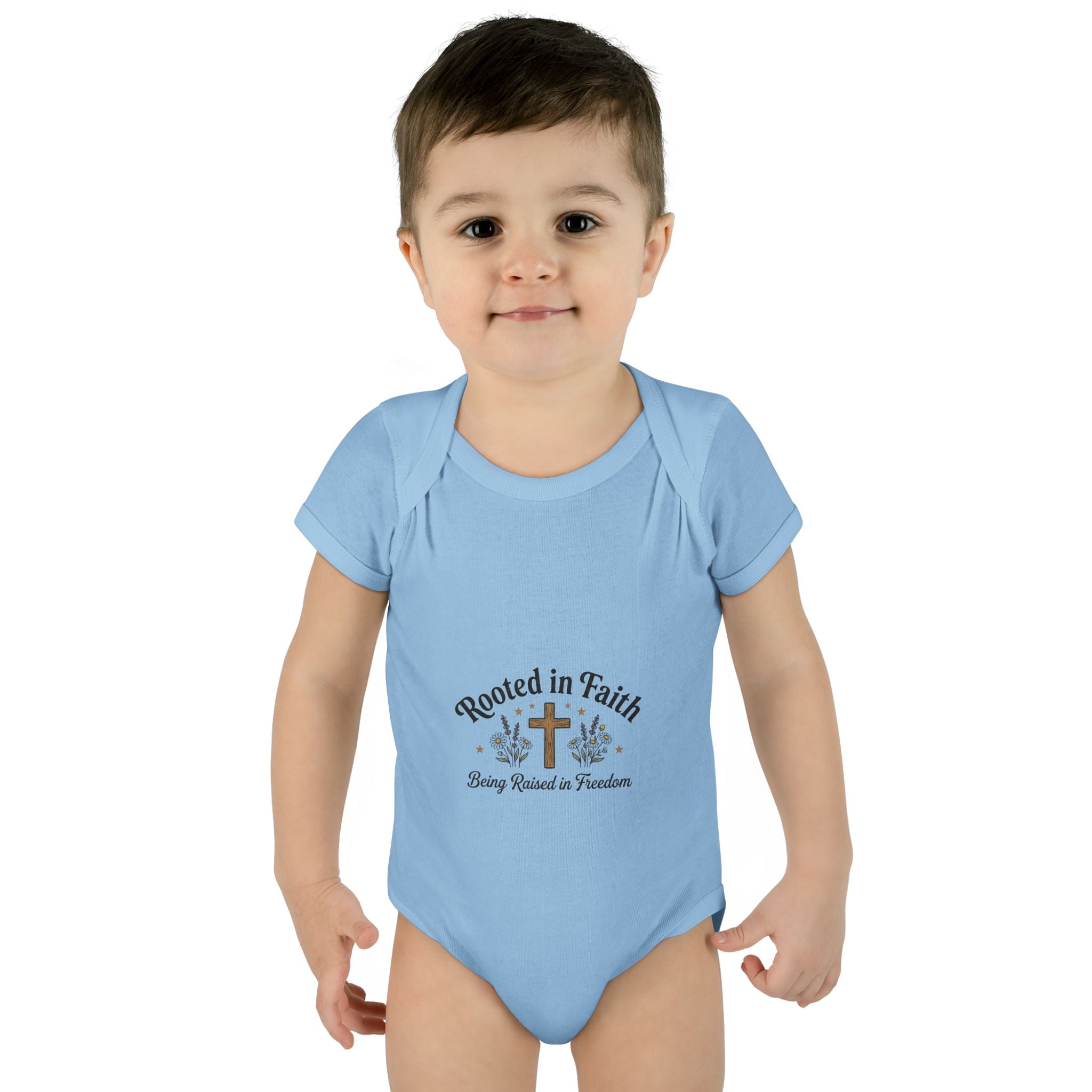 Infant Bodysuit - "Rooted in Faith" Cross Baby Onesie (Religious Newborn Gift)