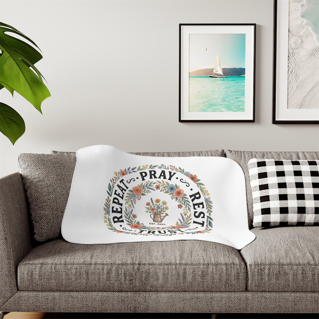 Sherpa Blanket — "Repeat • Pray • Rest • Trust" Floral Cozy Throw for Faith-Based Comfort, Gift for Women