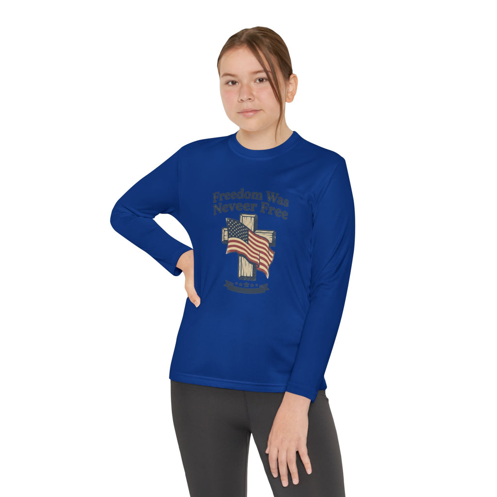 Youth Long Sleeve Tee — "Freedom Was Never Free" Patriotic Flag Design