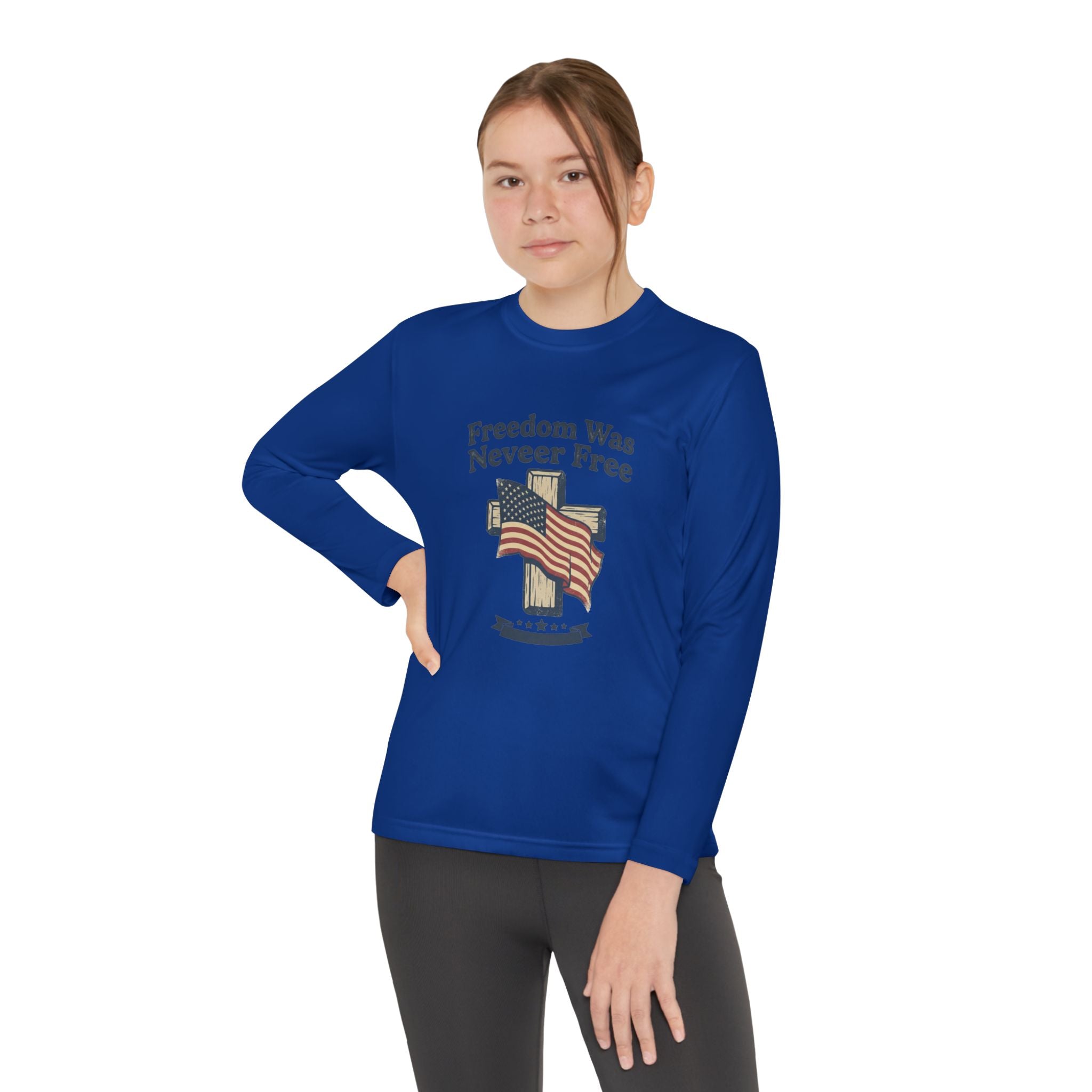 Youth Long Sleeve Tee — "Freedom Was Never Free" Patriotic Flag Design