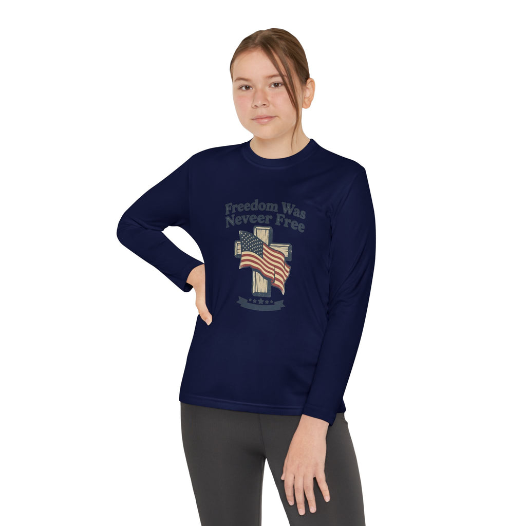 Youth Long Sleeve Tee — "Freedom Was Never Free" Patriotic Flag Design