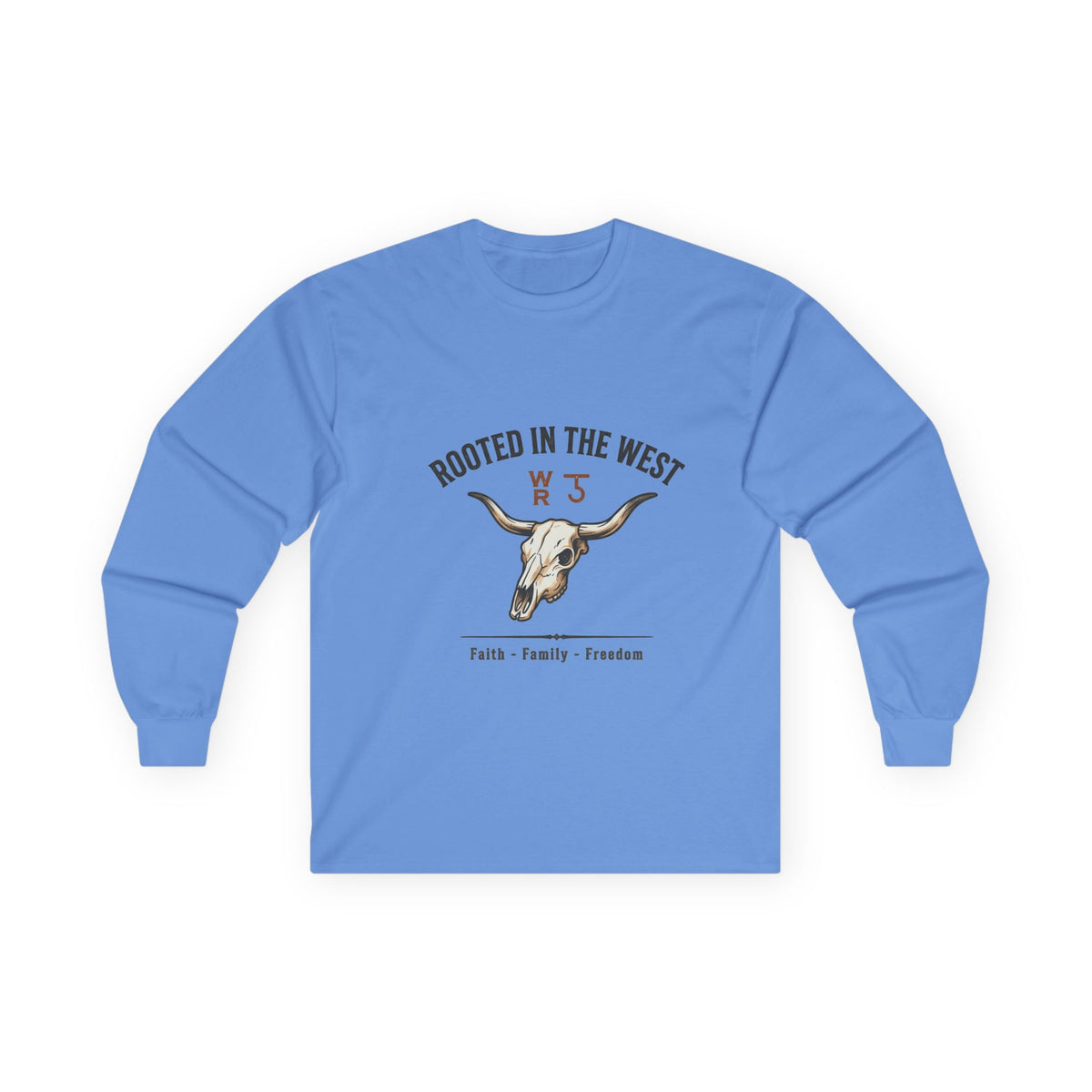 Rooted in the West Long Sleeve Tee — Vintage Steer Skull, Faith • Family • Freedom