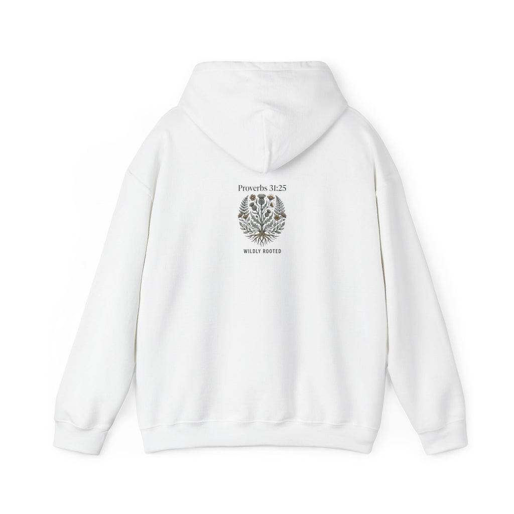 Rooted in Faith Hoodie — Christian Cross Sunset Design (Proverbs 16:25 Back)