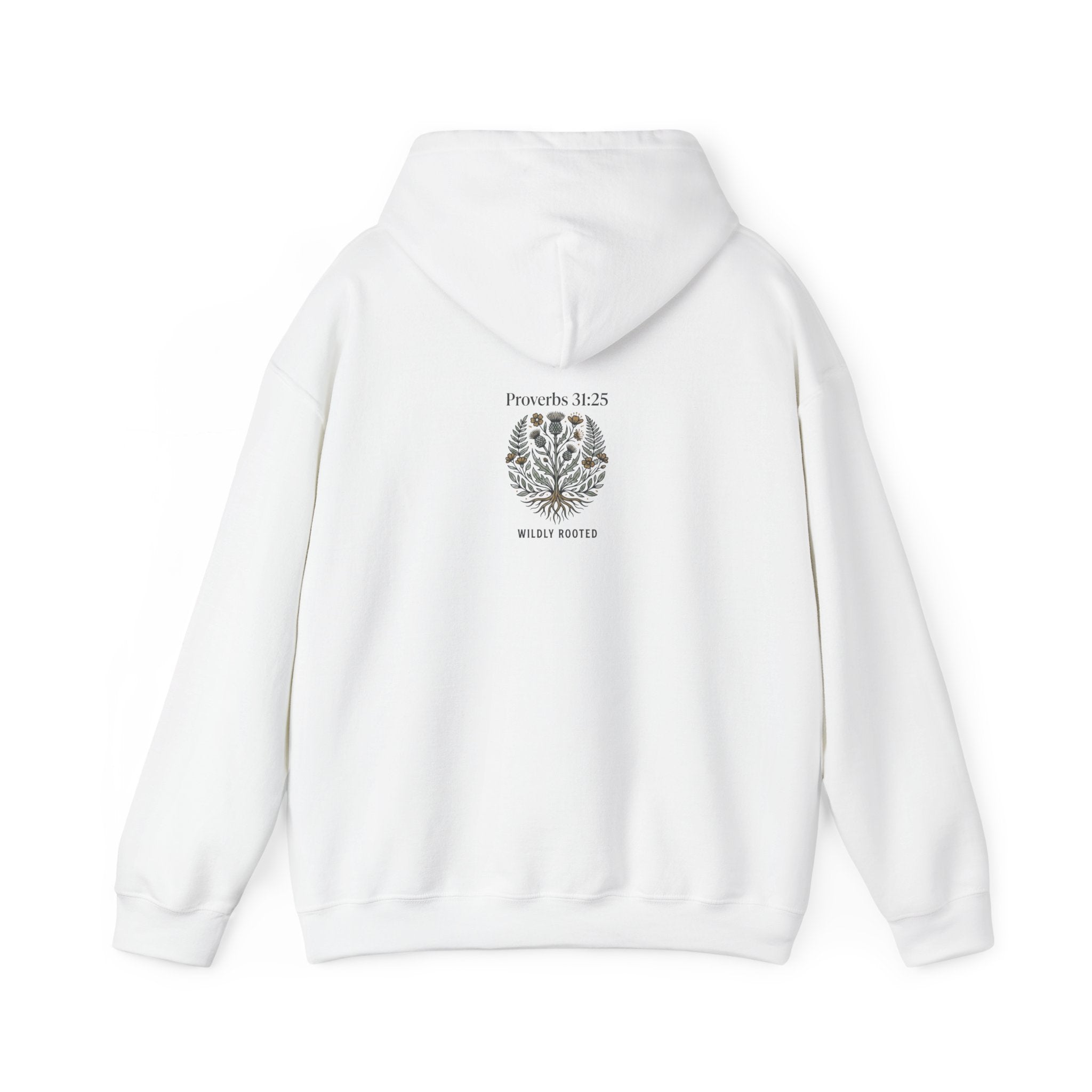 Rooted in Faith Hoodie — Christian Cross Sunset Design (Proverbs 16:25 Back)