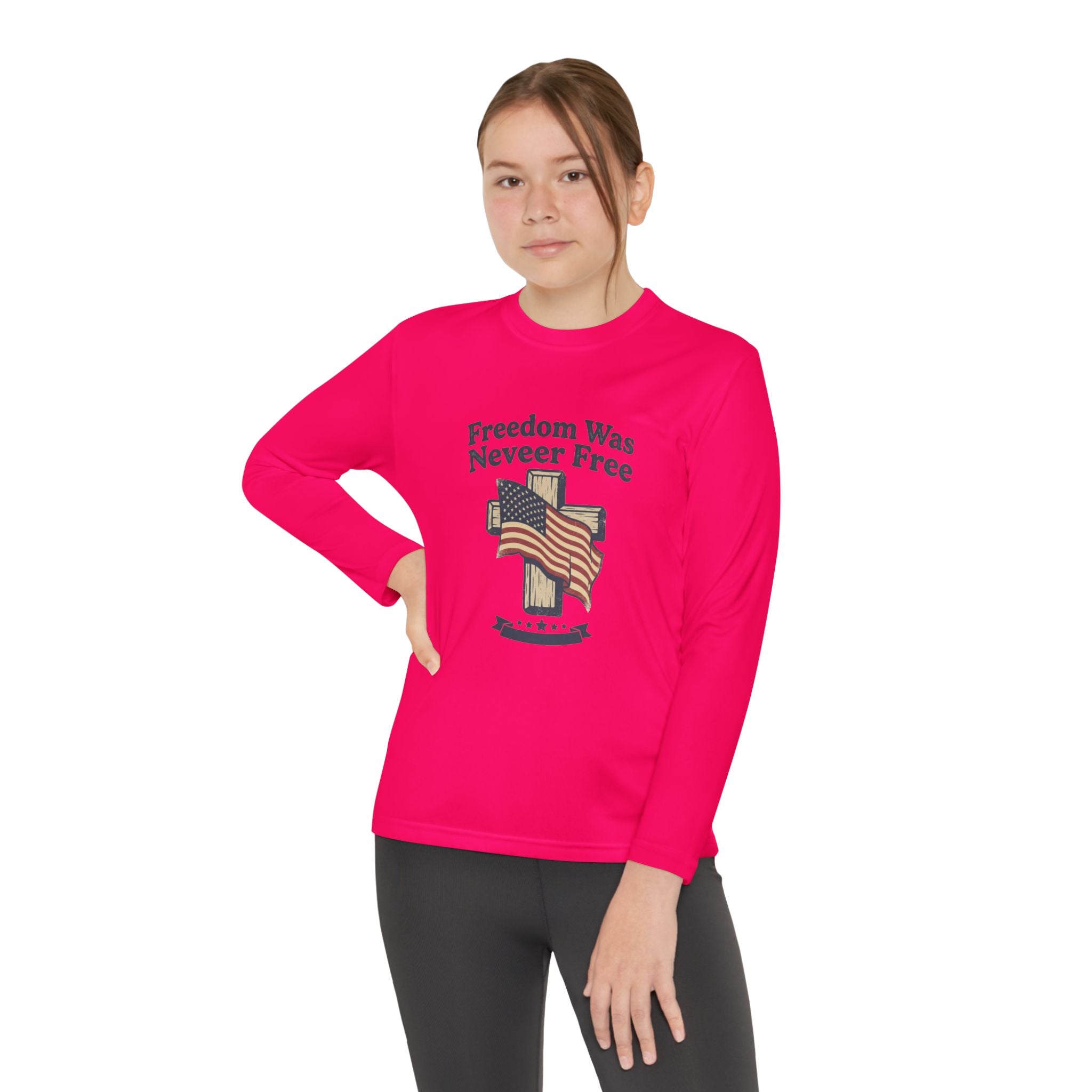 Youth Long Sleeve Tee — "Freedom Was Never Free" Patriotic Flag Design
