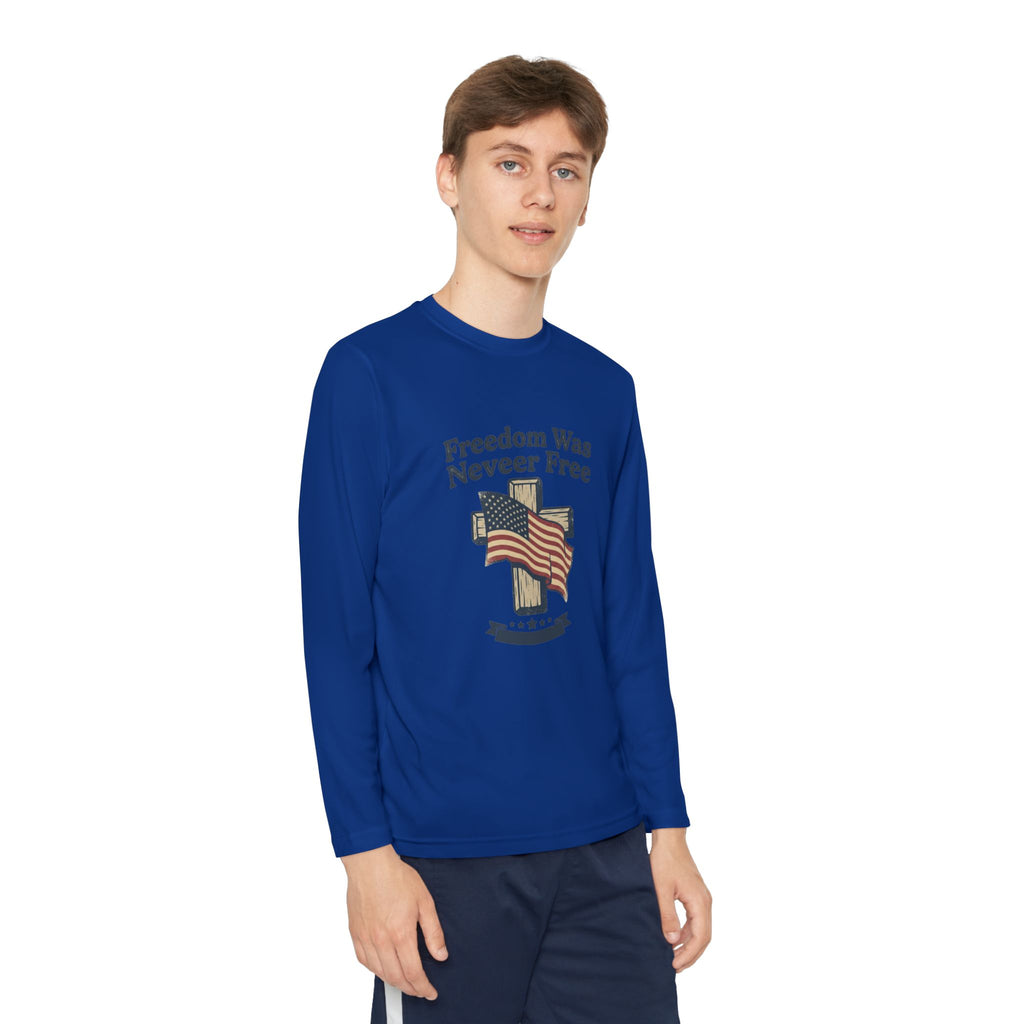 Youth Long Sleeve Tee — "Freedom Was Never Free" Patriotic Flag Design