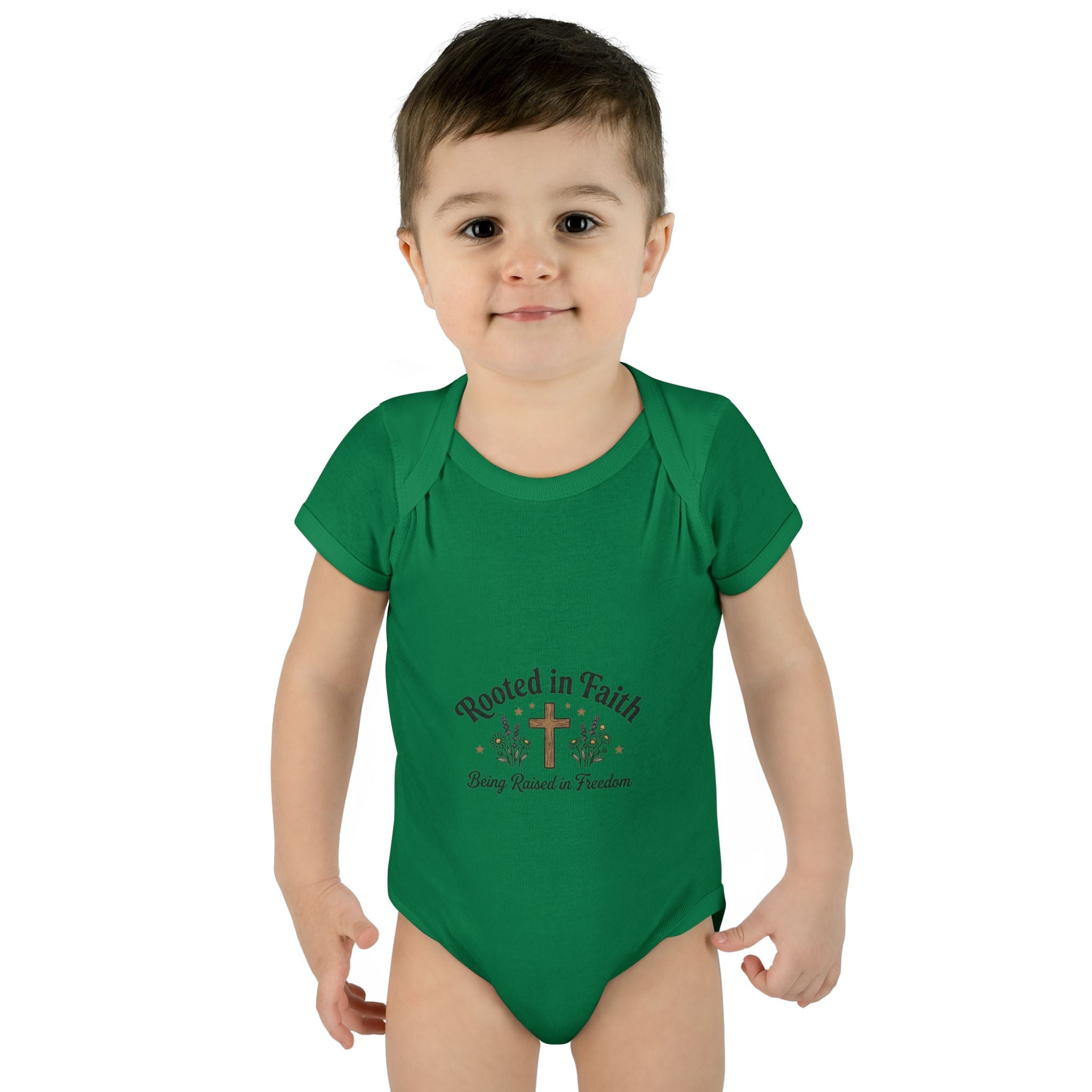Infant Bodysuit - "Rooted in Faith" Cross Baby Onesie (Religious Newborn Gift)