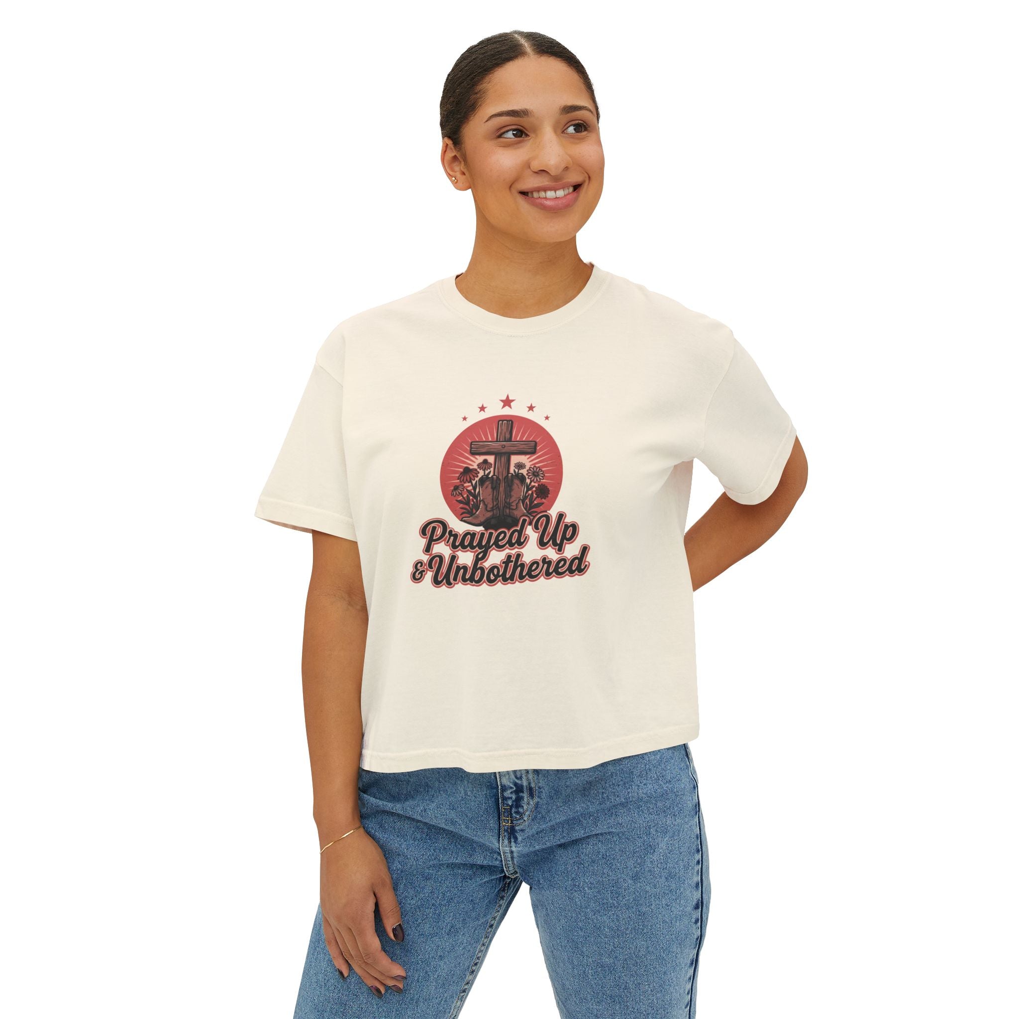 Women's Boxy Tee — "Prayed Up & Unbothered" Christian Graphic Crop Top