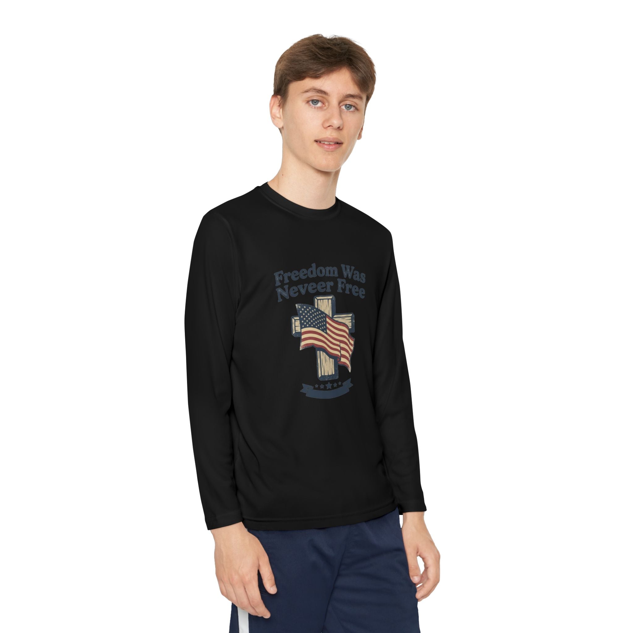 Youth Long Sleeve Tee — "Freedom Was Never Free" Patriotic Flag Design
