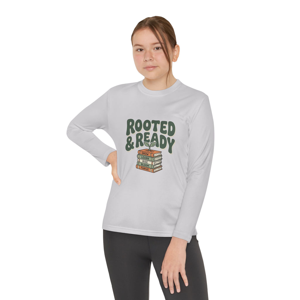 Rooted & Ready Youth Long Sleeve Tee - Stacked Books Graphic for Young Readers, Back-to-School Gift