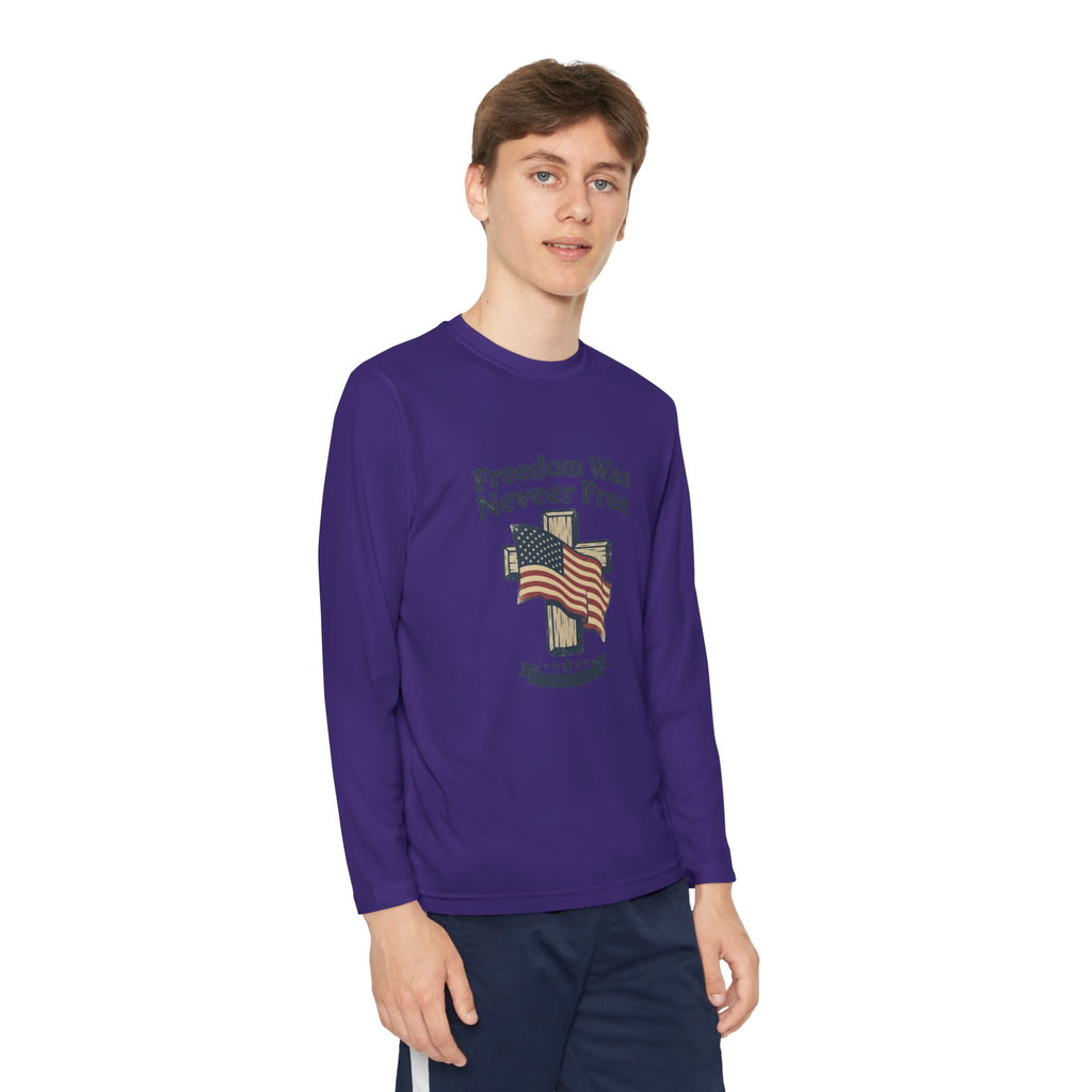 Youth Long Sleeve Tee — "Freedom Was Never Free" Patriotic Flag Design