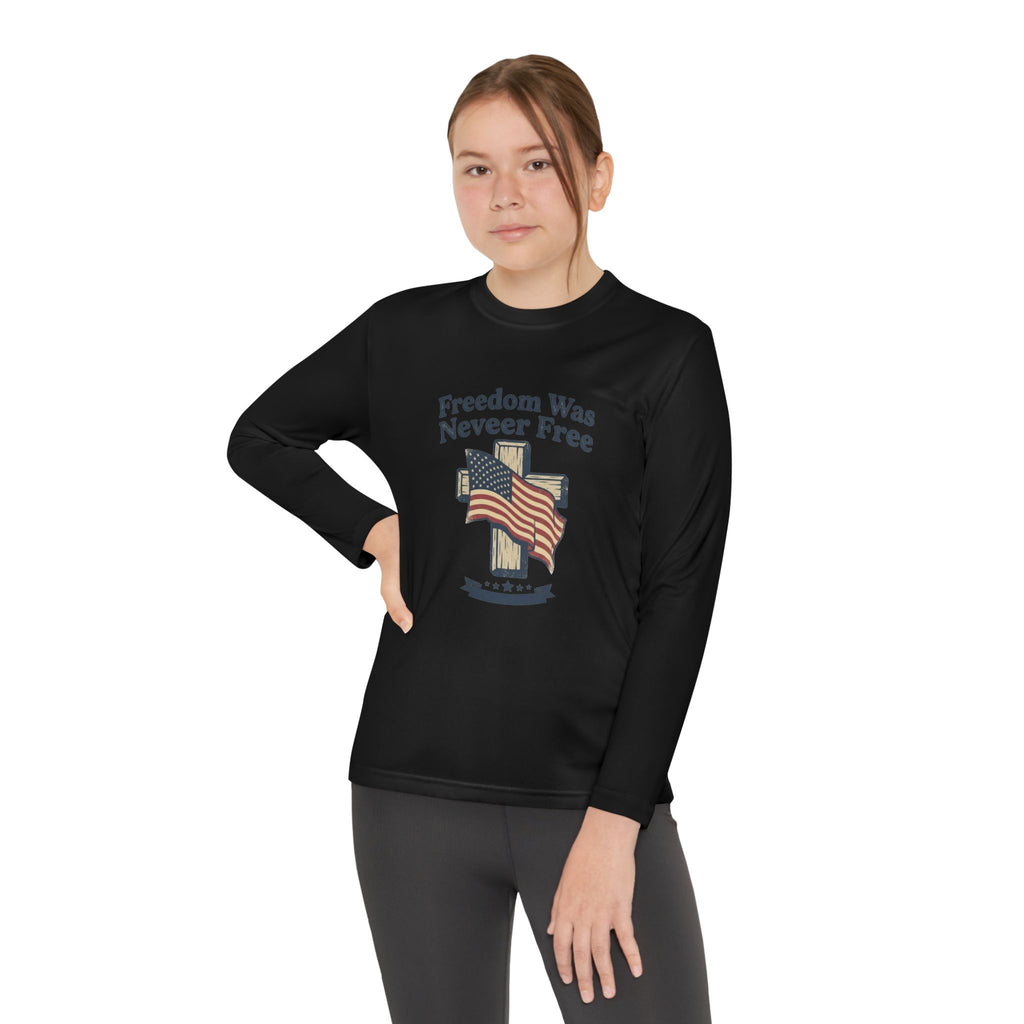 Youth Long Sleeve Tee — "Freedom Was Never Free" Patriotic Flag Design