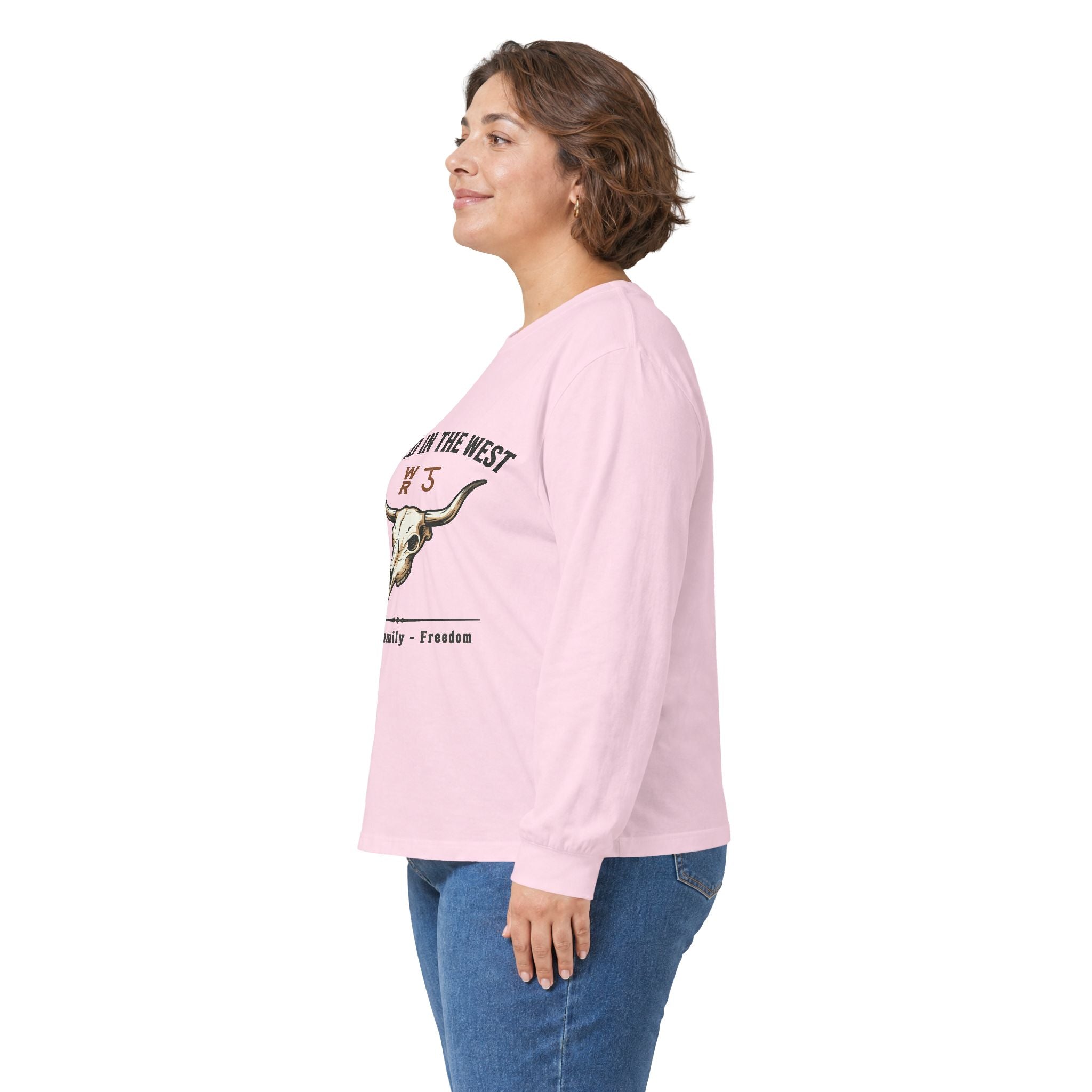 Rooted in the West Long Sleeve Tee — Vintage Steer Skull, Faith • Family • Freedom