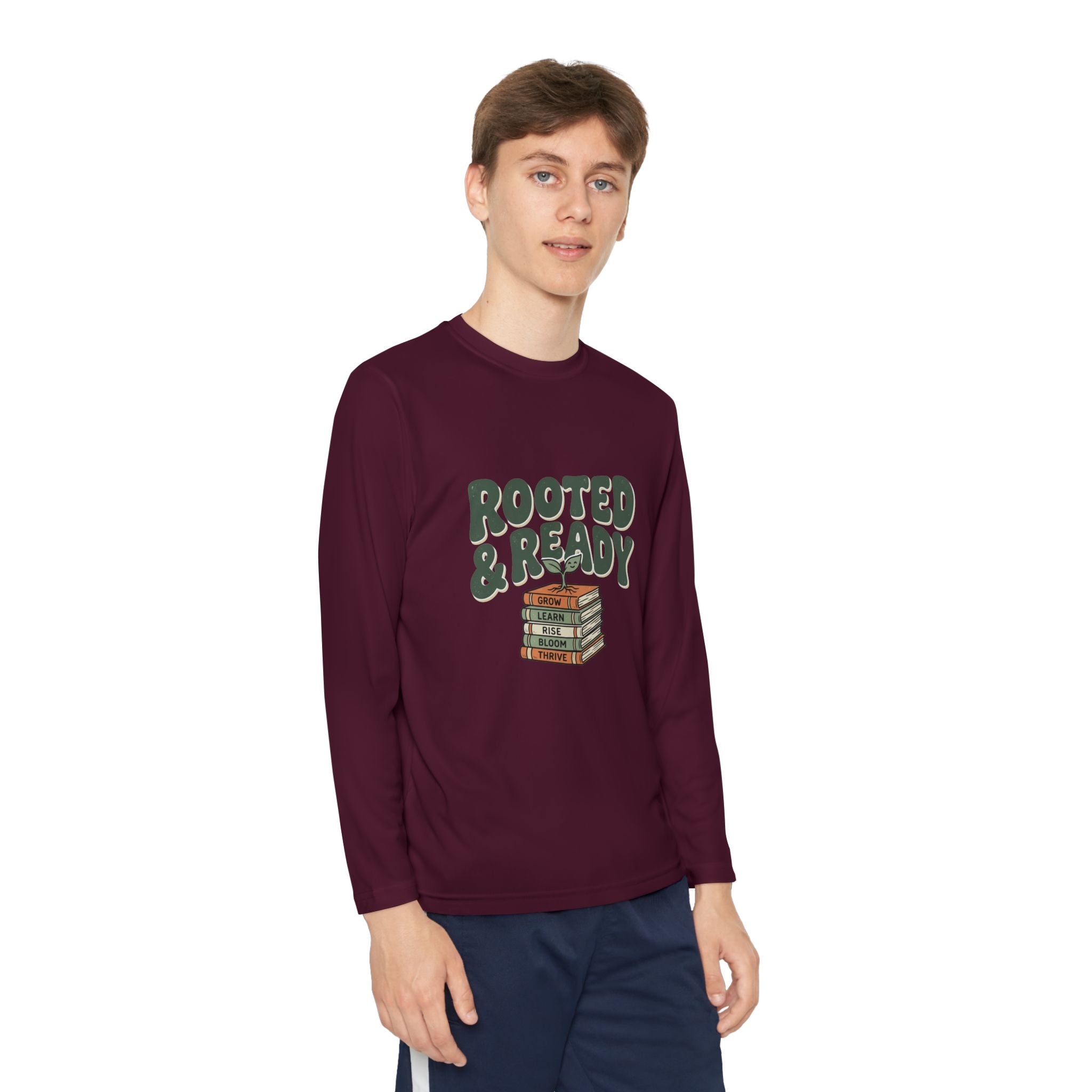 Rooted & Ready Youth Long Sleeve Tee - Stacked Books Graphic for Young Readers, Back-to-School Gift