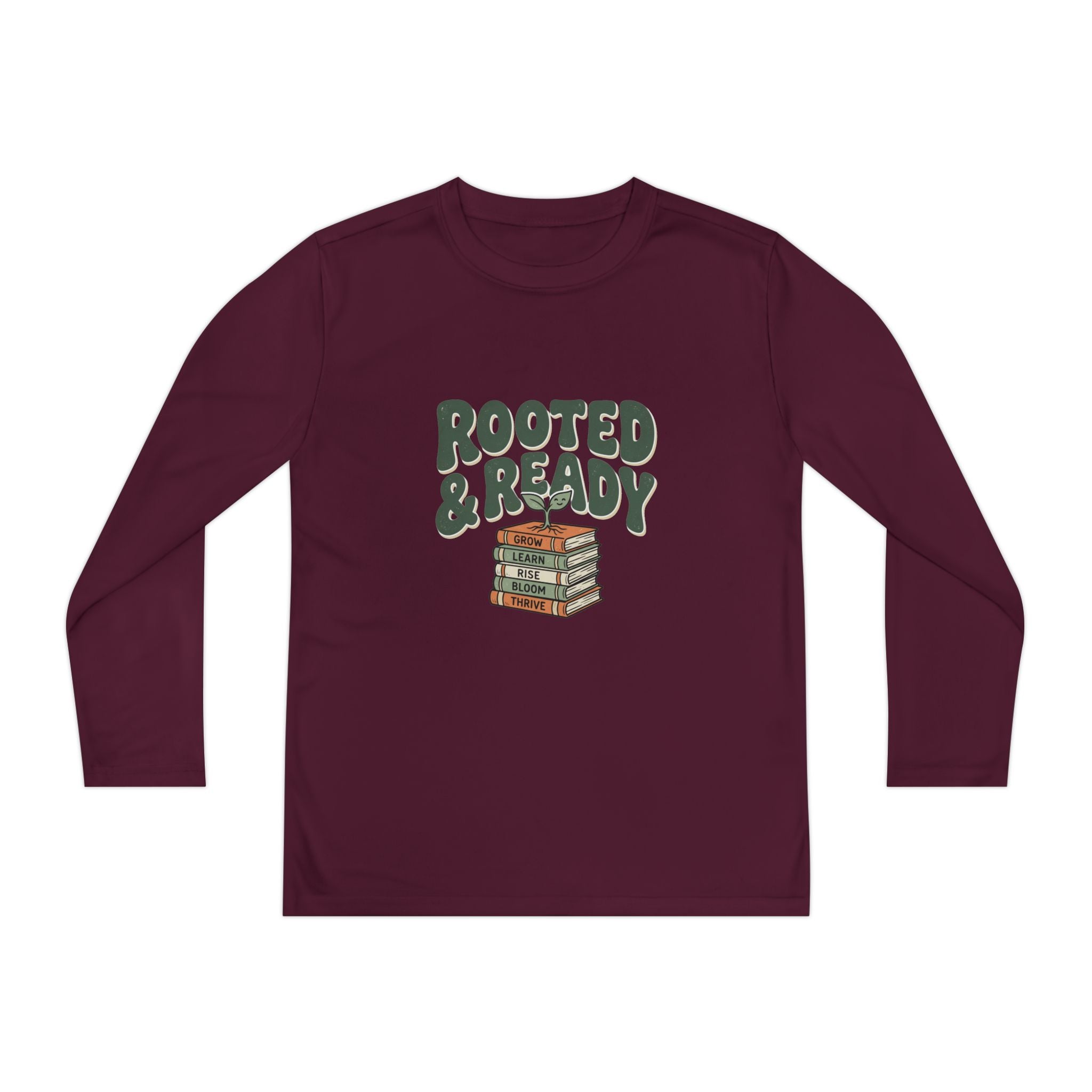 Rooted & Ready Youth Long Sleeve Tee - Stacked Books Graphic for Young Readers, Back-to-School Gift