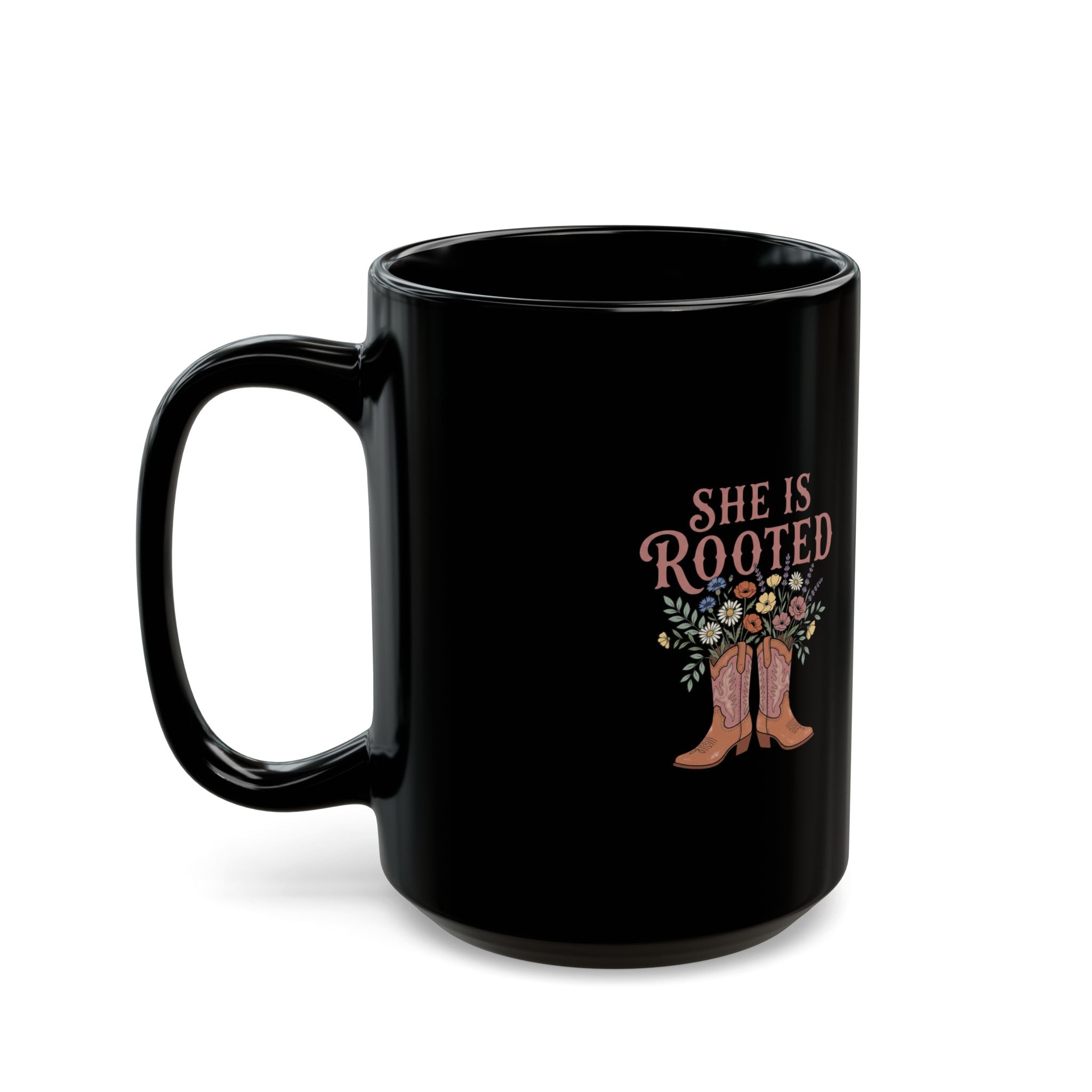 She Is Rooted In Christ Black Coffee Mug — Inspirational Christian Gift (11oz/15oz)