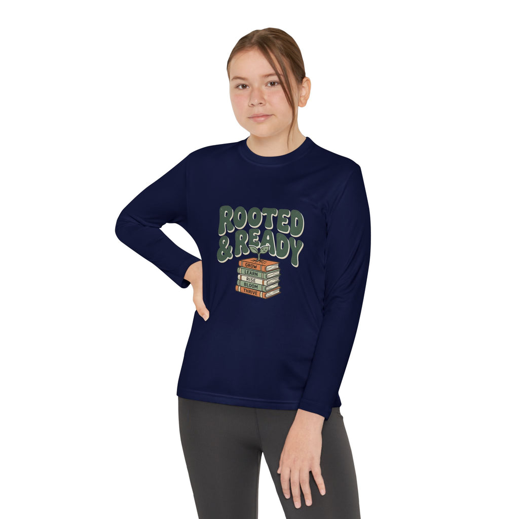 Rooted & Ready Youth Long Sleeve Tee - Stacked Books Graphic for Young Readers, Back-to-School Gift