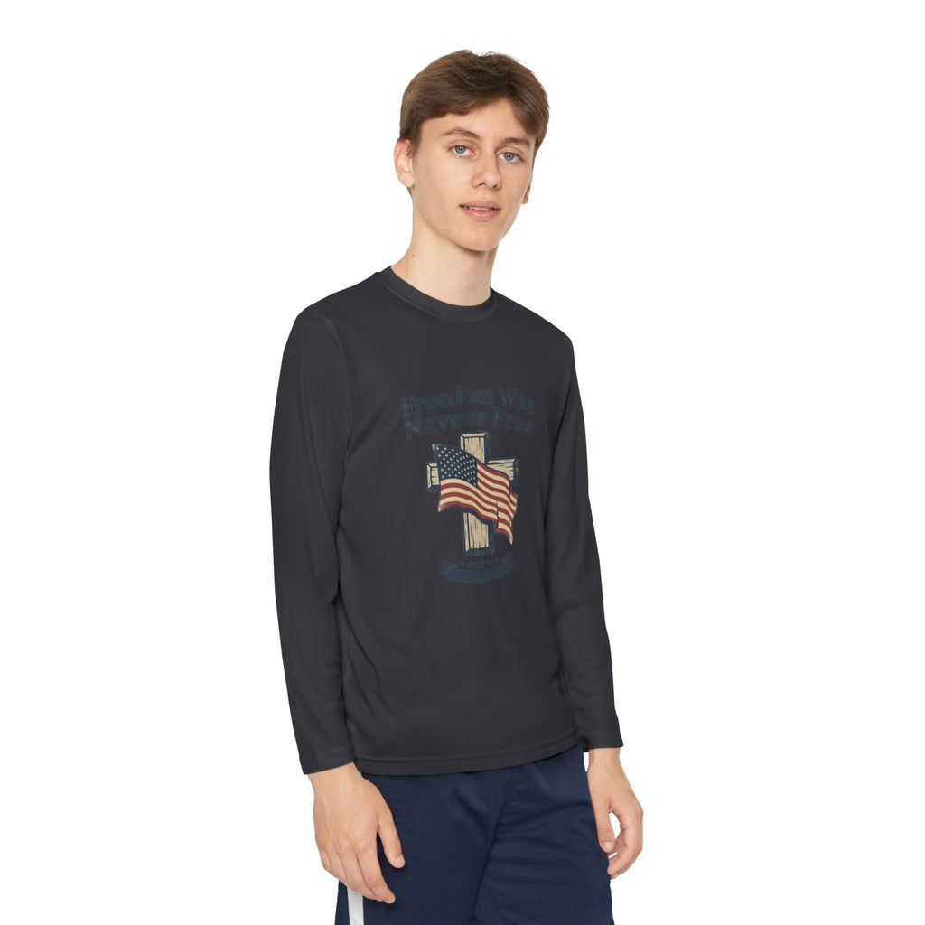 Youth Long Sleeve Tee — "Freedom Was Never Free" Patriotic Flag Design