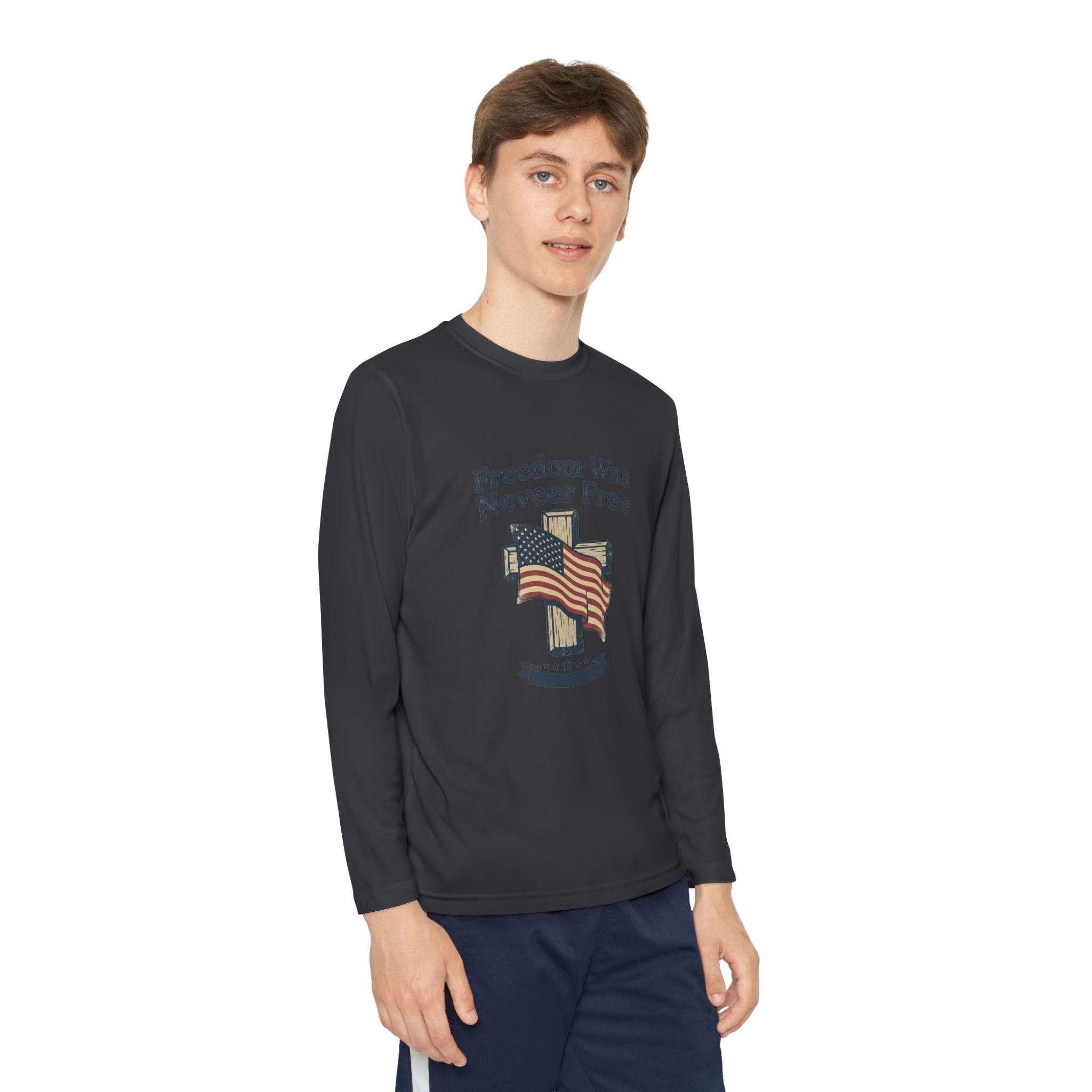 Youth Long Sleeve Tee — "Freedom Was Never Free" Patriotic Flag Design