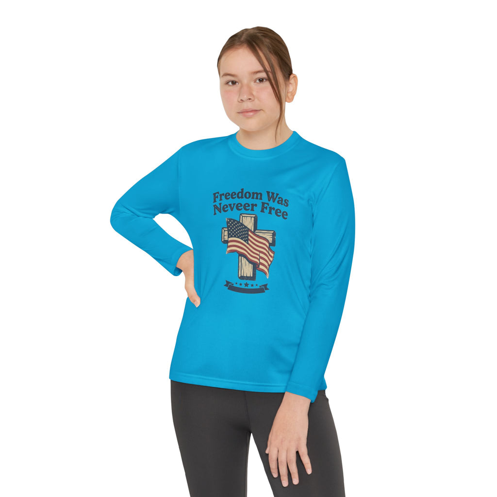 Youth Long Sleeve Tee — "Freedom Was Never Free" Patriotic Flag Design