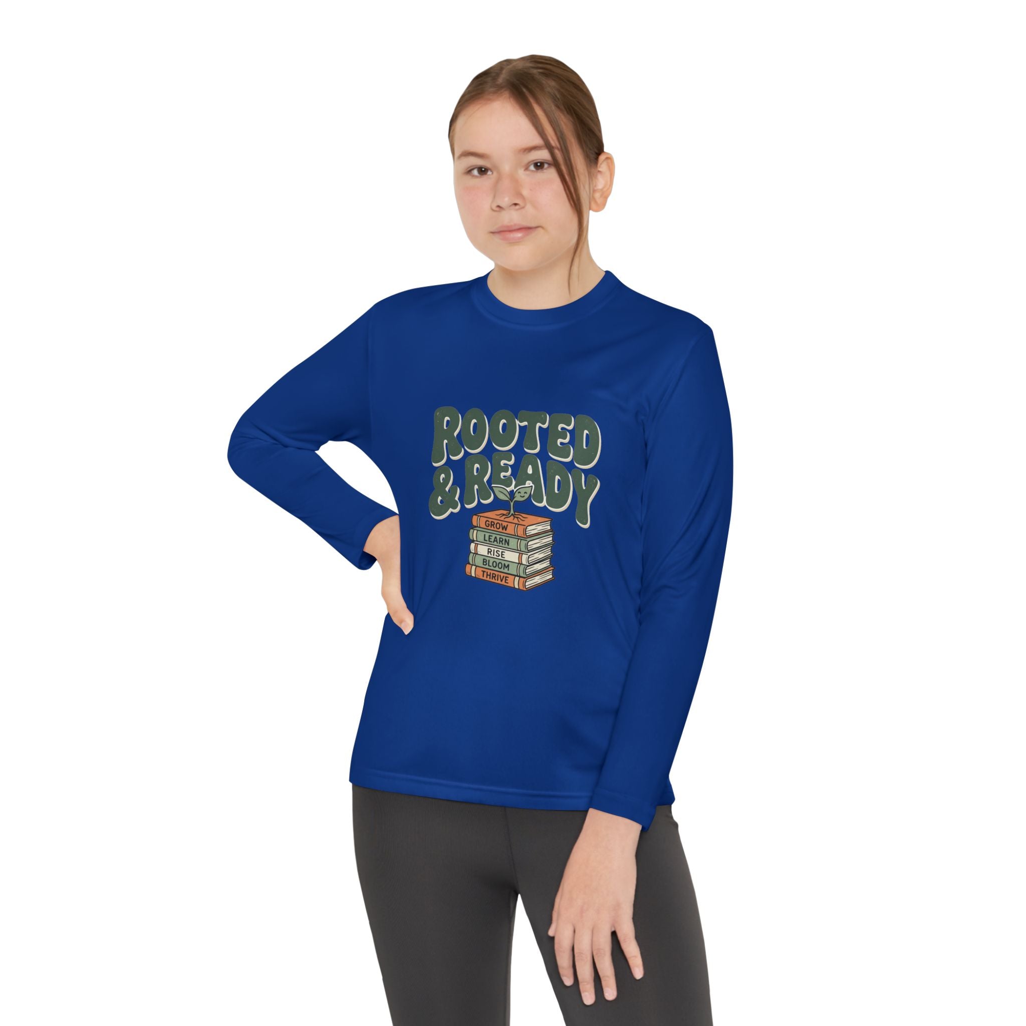 Rooted & Ready Youth Long Sleeve Tee - Stacked Books Graphic for Young Readers, Back-to-School Gift