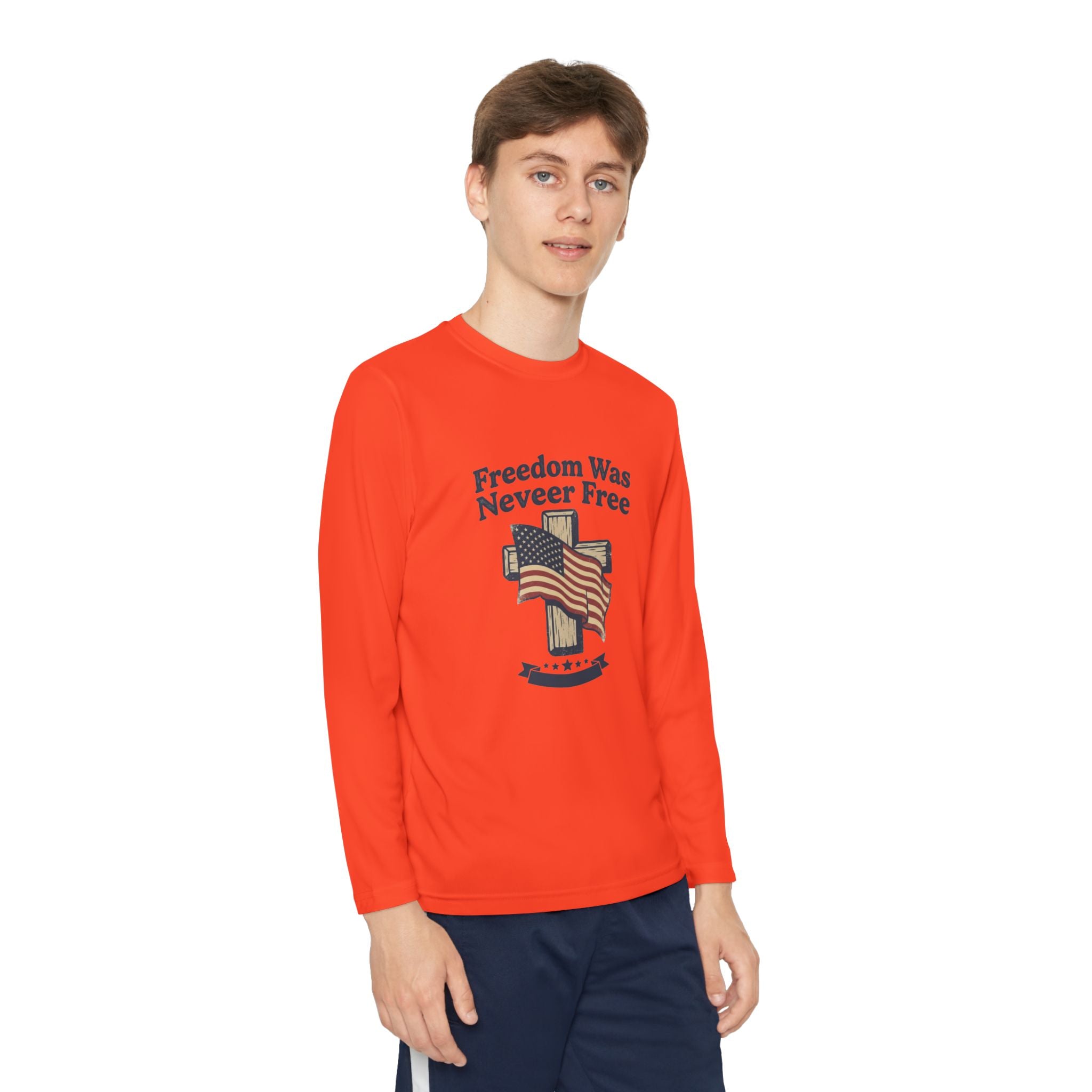Youth Long Sleeve Tee — "Freedom Was Never Free" Patriotic Flag Design