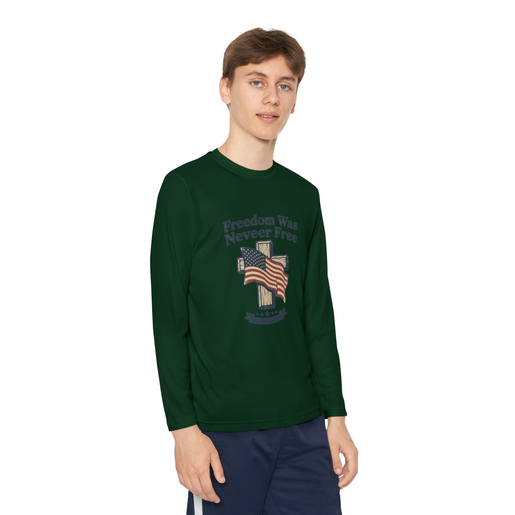 Youth Long Sleeve Tee — "Freedom Was Never Free" Patriotic Flag Design